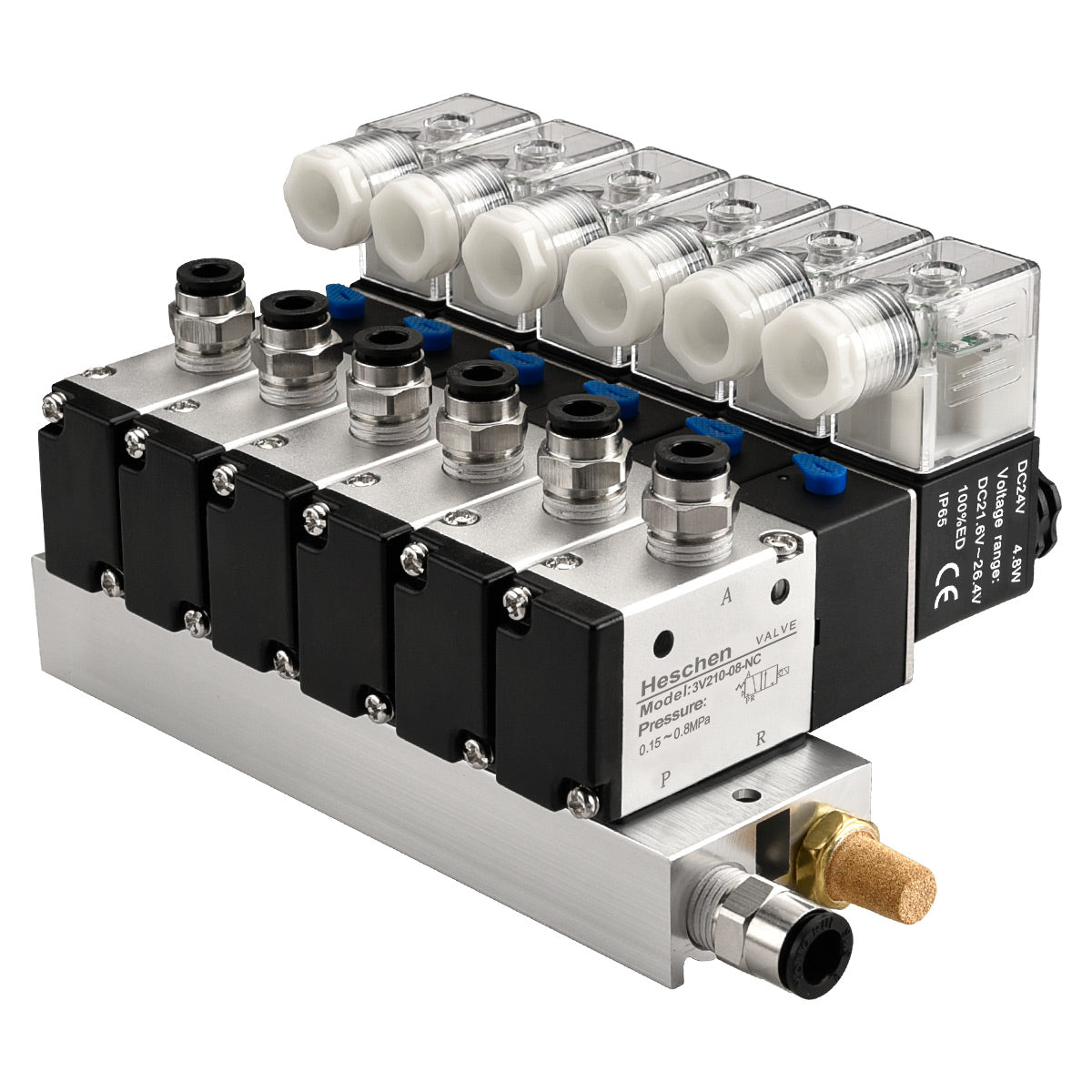 Heschen 6 Space Pneumatic Solenoid Valve 3V210-08 12 VDC/24 VDC/110 VAC/220 VAC PT1/4 2 Position 3 Way Manifold with Base Muffler Quick Fittings Set