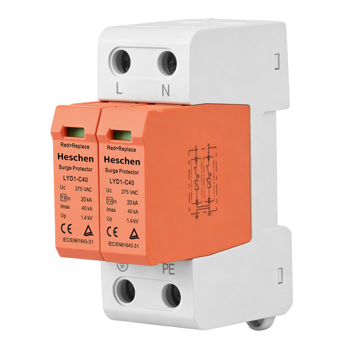 Heschen Surge Protective Device, LYD1-C40/275, 2P 275V 20KA, Fire-Proof, Low-Voltage Arrester, 35mm DIN Rail Mounting