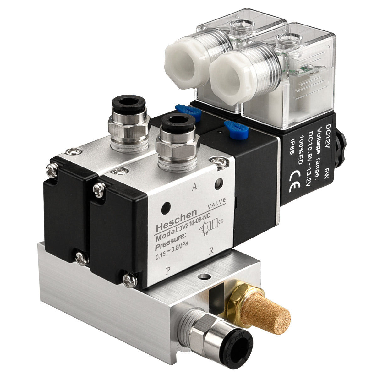 Heschen 2 Space Pneumatic Solenoid Valve 3V210-08 12 VDC/24 VDC/24VAC/110 VAC/220 VAC PT1/4 2 Position 3 Way Manifold with Base Muffler Quick Fittings Set