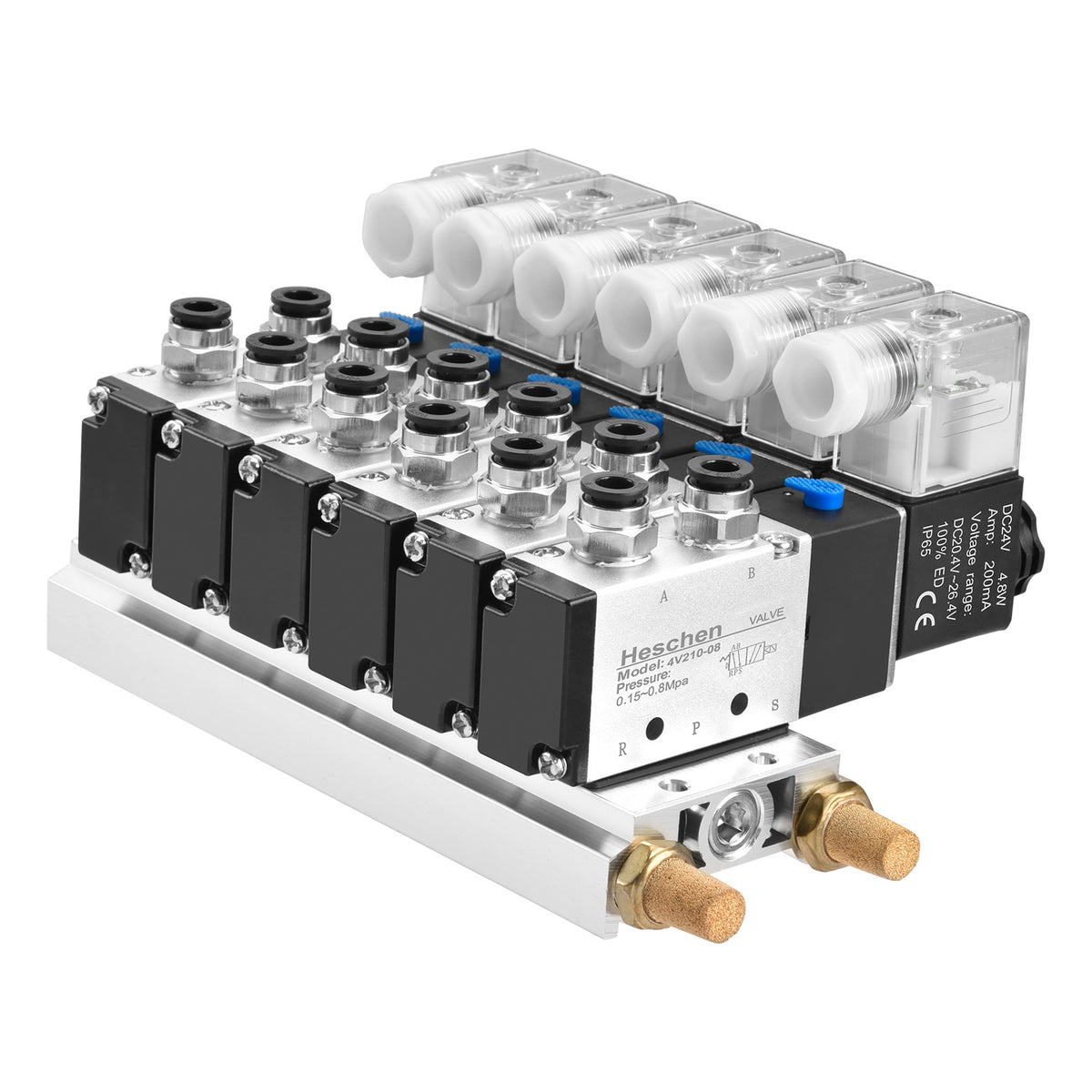 Heschen 6 Space Pneumatic Solenoid Valve 4V210-08 DC12V/DC24V/AC110V/AC220V PT1/4 5 Way 2 Position Manifold Base Muffler Quick Fittings Set