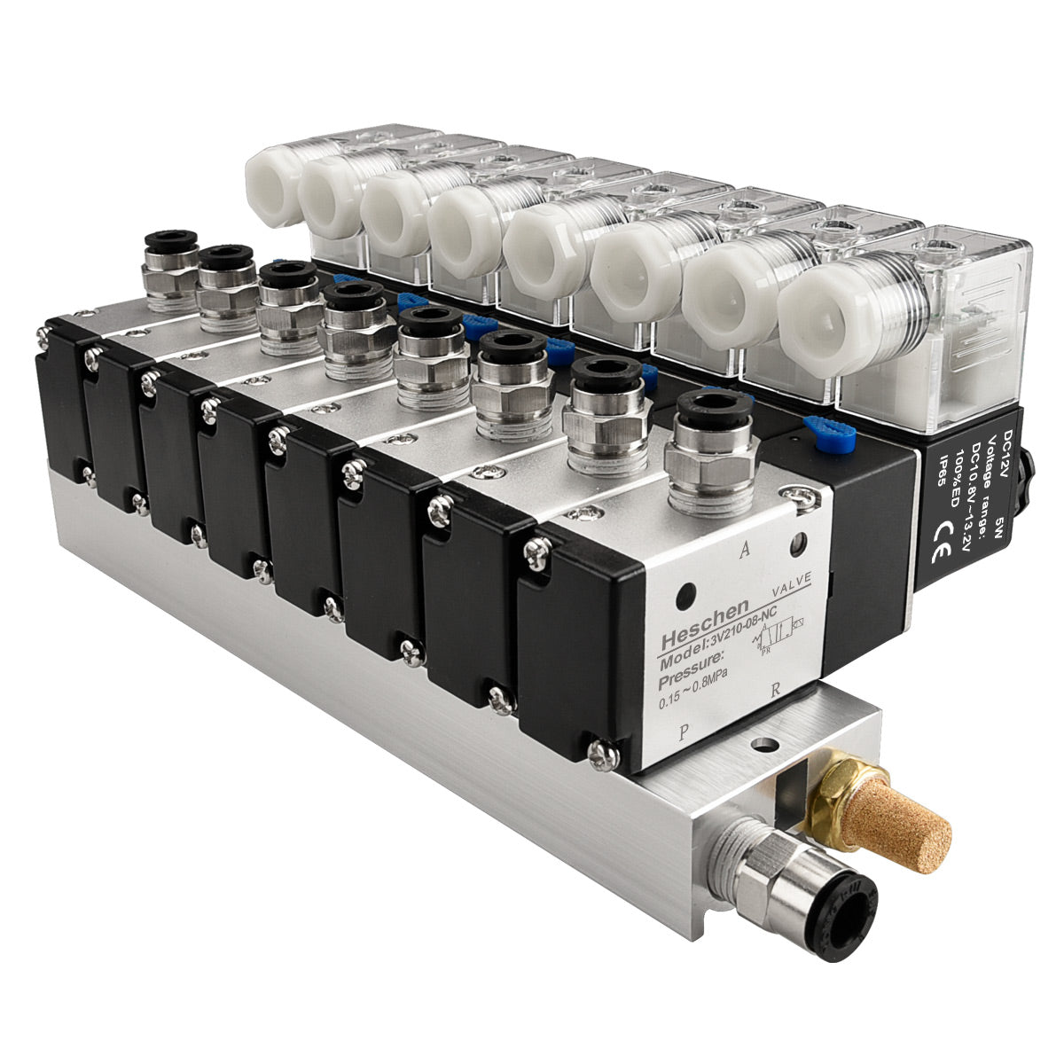 Heschen 8 Space Pneumatic Solenoid Valve 3V210-08 12 VDC/24 VDC/110 VAC/220 VAC PT1/4 2 Position 3 Way Manifold with Base Muffler Quick Fittings Set