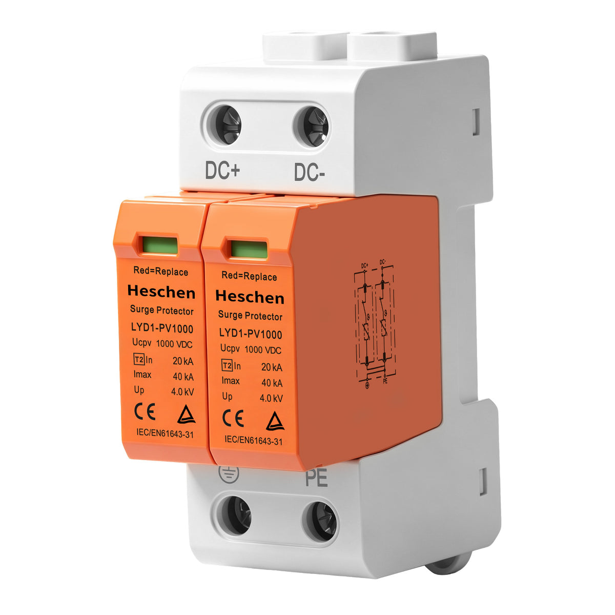 Heschen Surge Protective Device for PV, LYD1-PV1000, 2P 1000VDC 20KA, 35mm DIN Rail Mounting