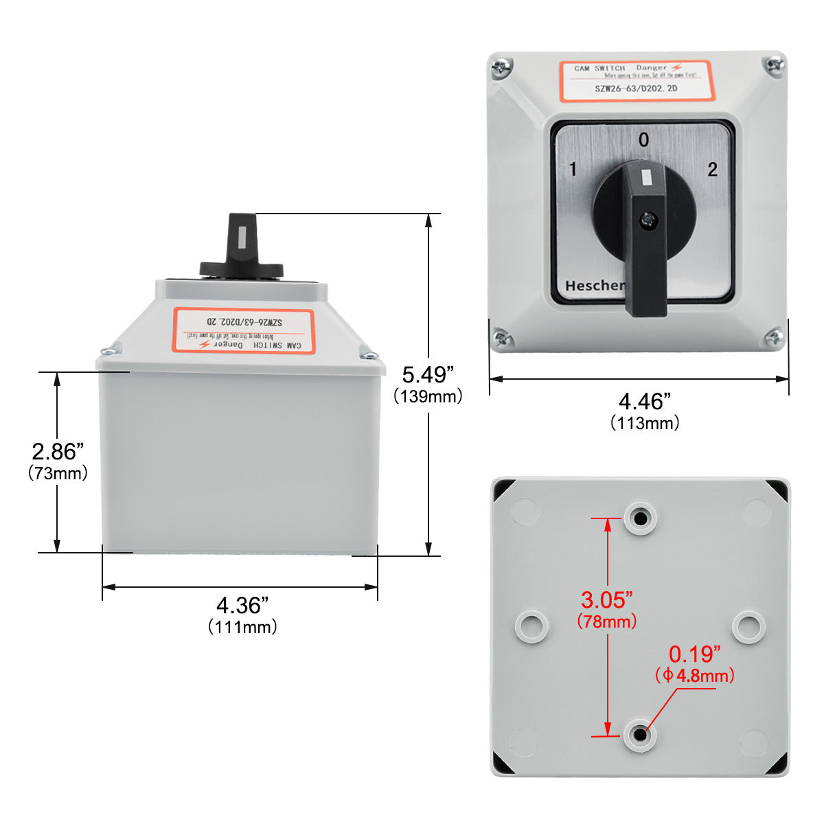 Universal Rotary Cam Toggle Switch, SZW26-63/D202.2D, 660V 63A, ON-OFF-ON 3 Positions, 2 Phases, 8 Terminals, with Main Switch Exterior Box, CE