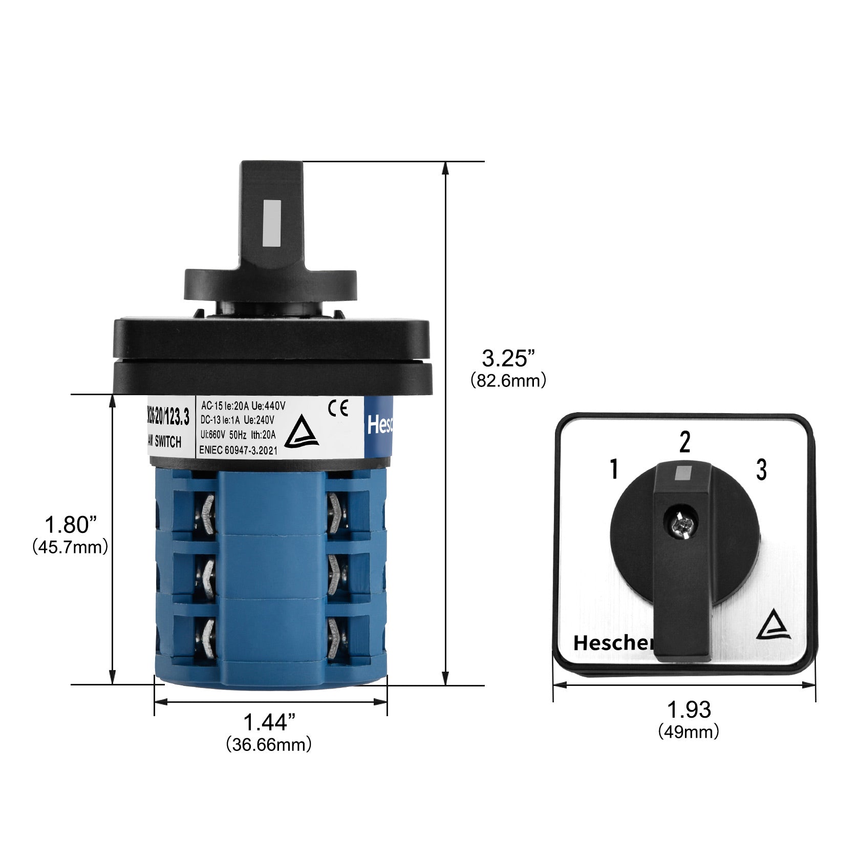 Heschen Universal Rotary Cam Selector Changeover Switch SZW26-20/123.3 660V 20A 3 Position 3 Phase 12 Terminals