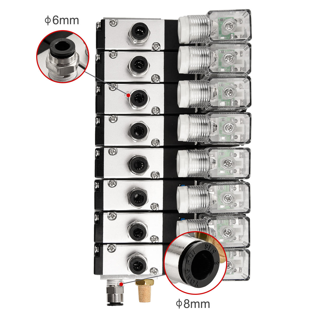 Heschen 8 Space Pneumatic Solenoid Valve 3V210-08 12 VDC/24 VDC/110 VAC/220 VAC PT1/4 2 Position 3 Way Manifold with Base Muffler Quick Fittings Set