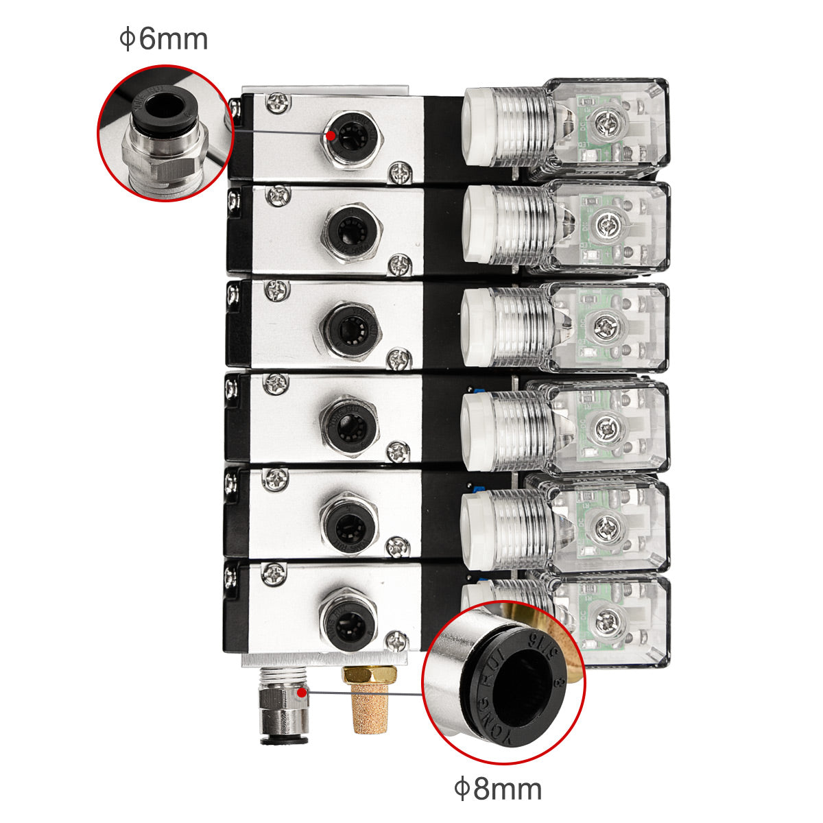 Heschen 6 Space Pneumatic Solenoid Valve 3V210-08 12 VDC/24 VDC/110 VAC/220 VAC PT1/4 2 Position 3 Way Manifold with Base Muffler Quick Fittings Set