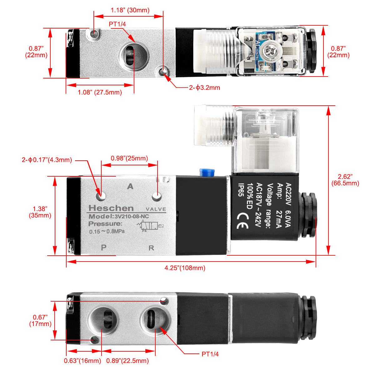 Heschen Electrical Pneumatic Solenoid Valve 3V210-08 220 VAC PT1/4 3/2 Way CE 10PCS