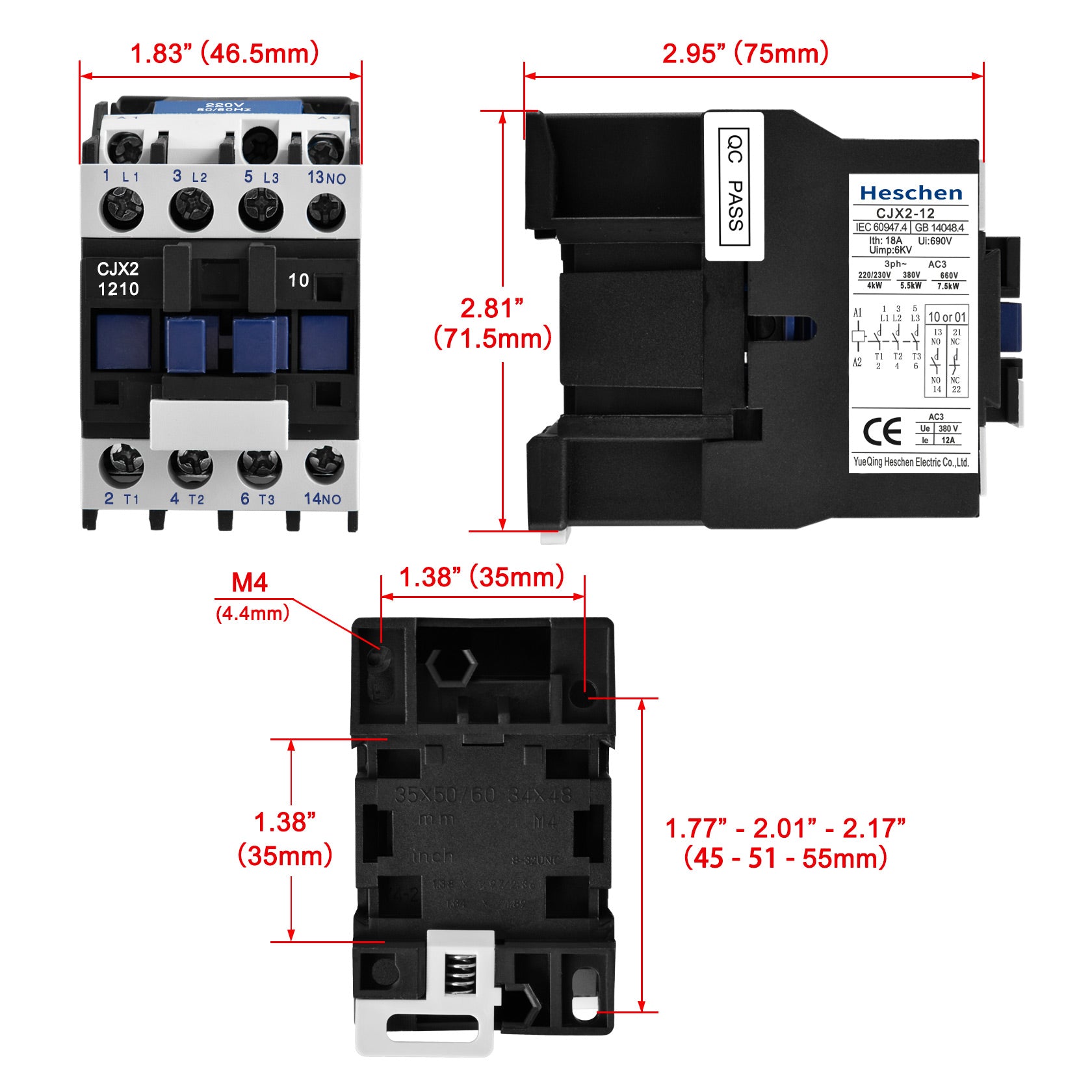 Heschen AC Contactor CJX2-1210 24V/220V 50/60Hz Coil 3P 3 Pole Normally Open Ie 12A Ue 380V