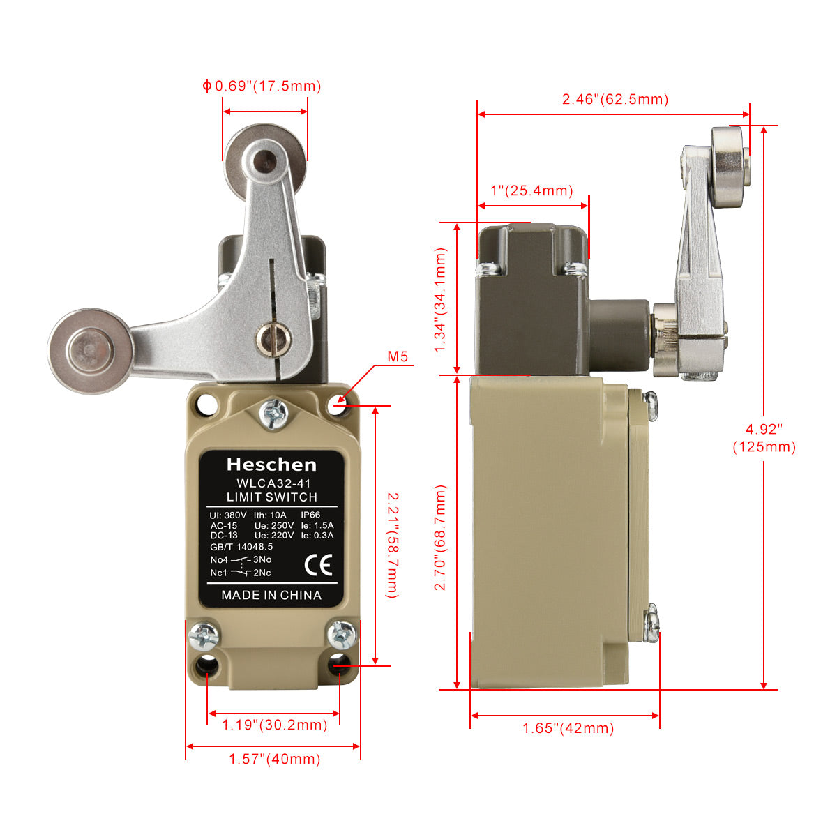 Heschen Limit Switch WLCA32-41 (TZ-5105) Double Rotary Roller Lever Momentary 380V 10A