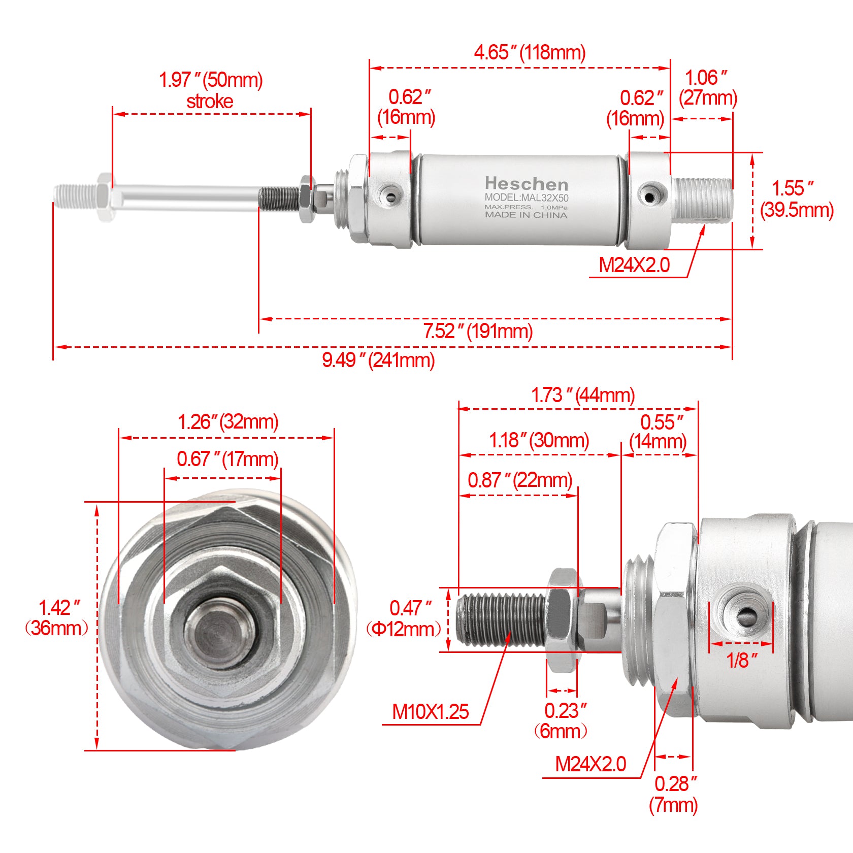 Heschen Pneumatic slim Air Cylinder MAL 32 Series G1/8" port 32mm Bore Double Action