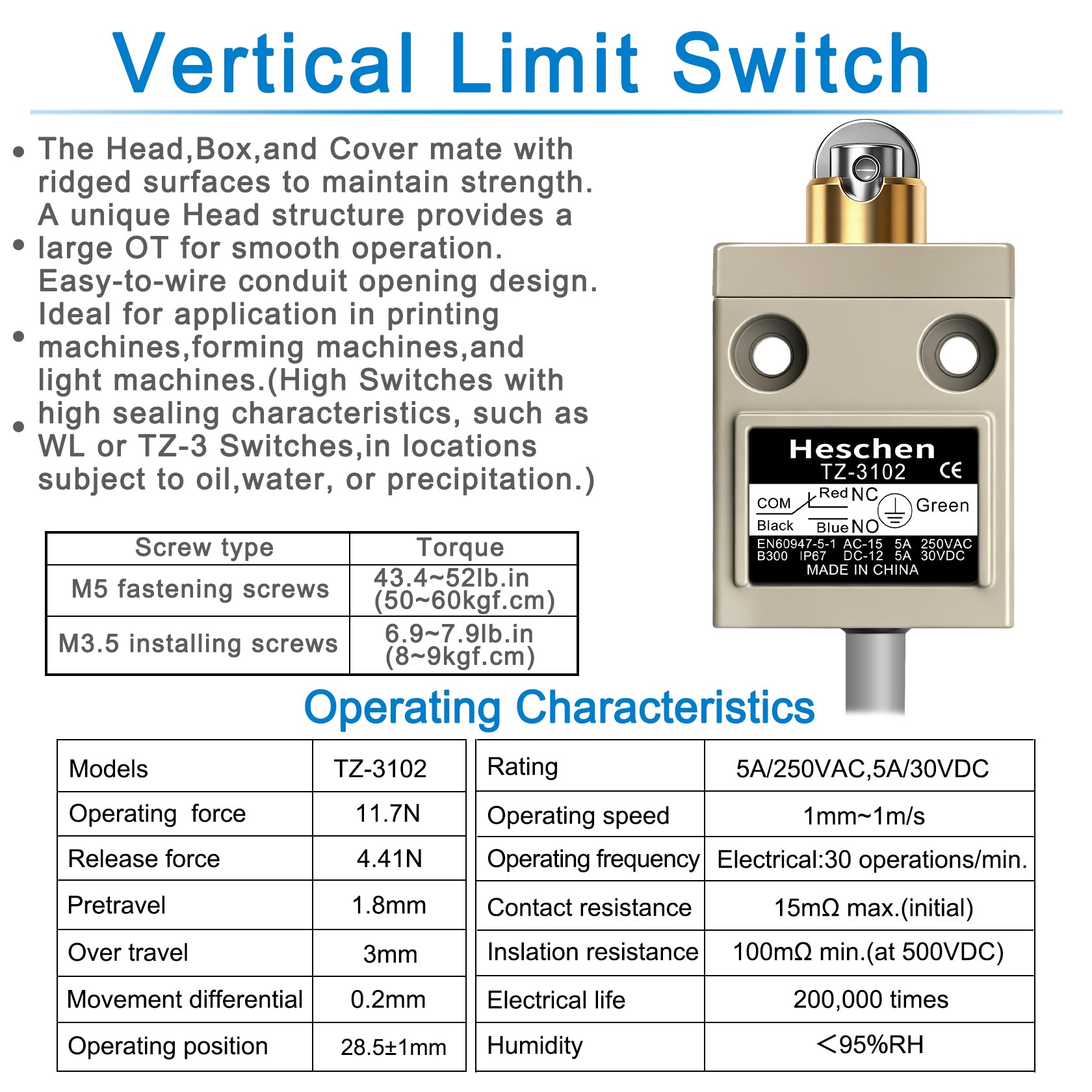 Heschen Limit Switch TZ-3102 1NO+1NC SPDT IP67 Stainless Steel Roller Plunger IP67 Waterproof
