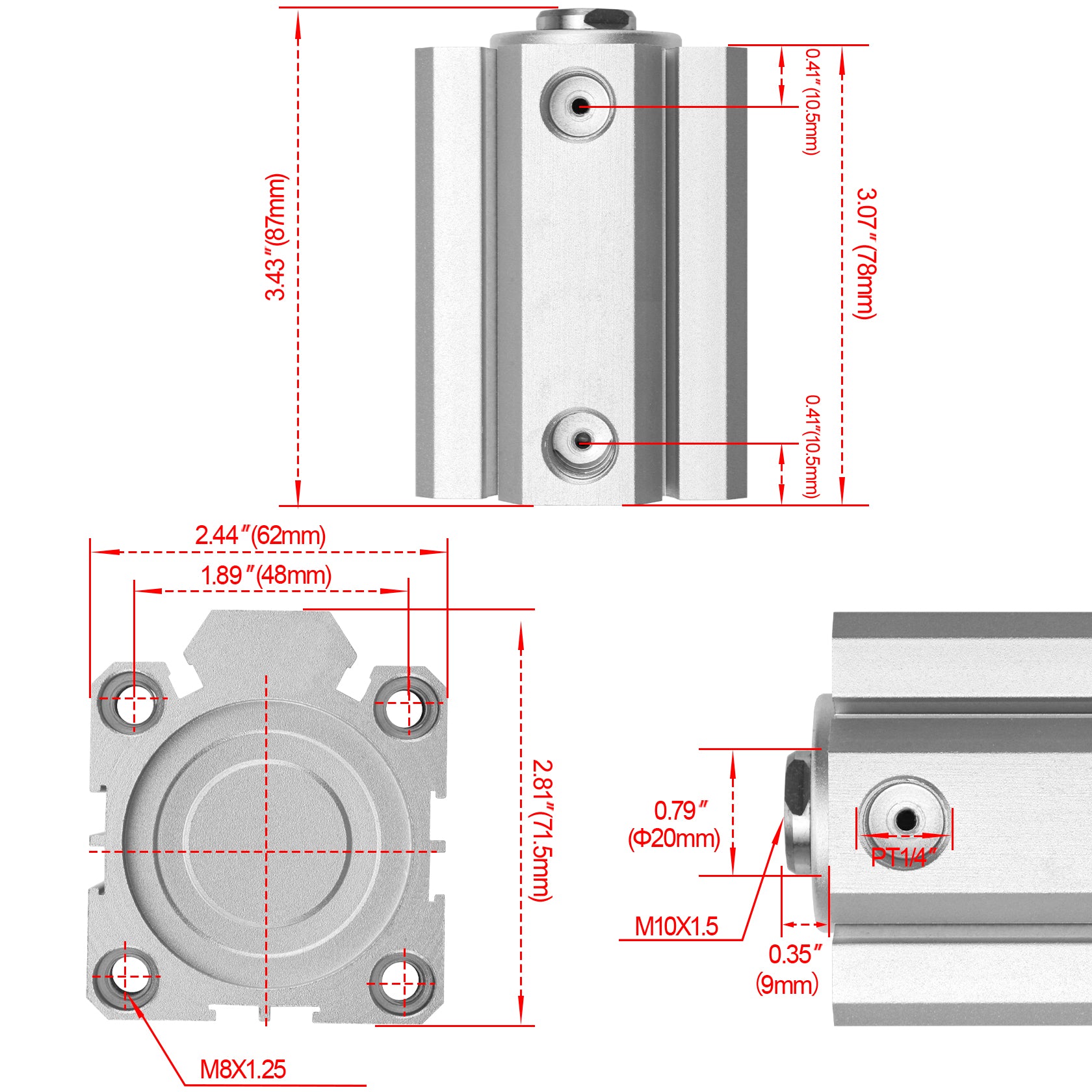 Heschen Pneumatic Compact Aluminum Air Cylinder, SDA 50-50, Bore 50mm, Stroke 50mm, PT1/4'' Port Size, Double Acting