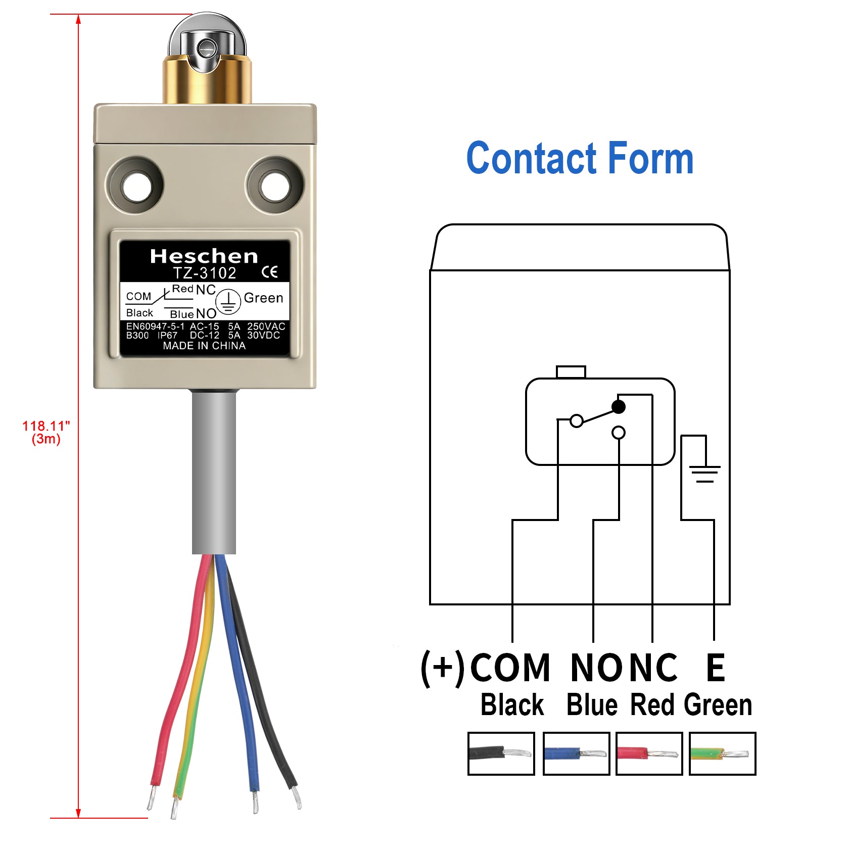 Heschen Limit Switch TZ-3102 1NO+1NC SPDT IP67 Stainless Steel Roller