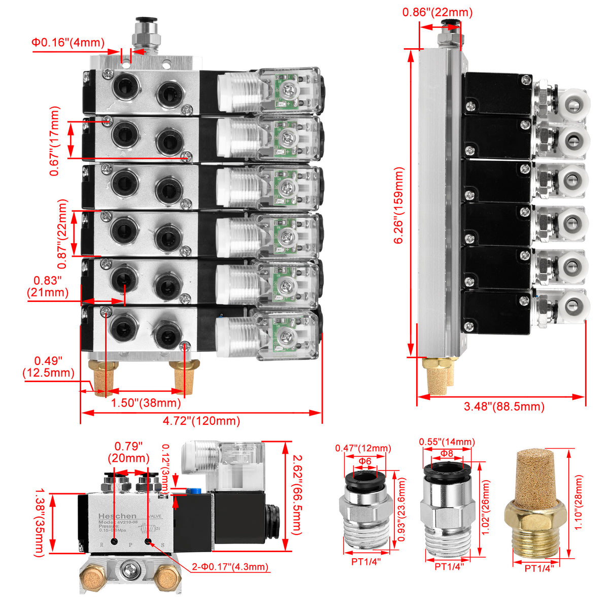 Heschen 6 Space Pneumatic Solenoid Valve 4V210-08 DC12V/DC24V/AC110V/AC220V PT1/4 5 Way 2 Position Manifold Base Muffler Quick Fittings Set