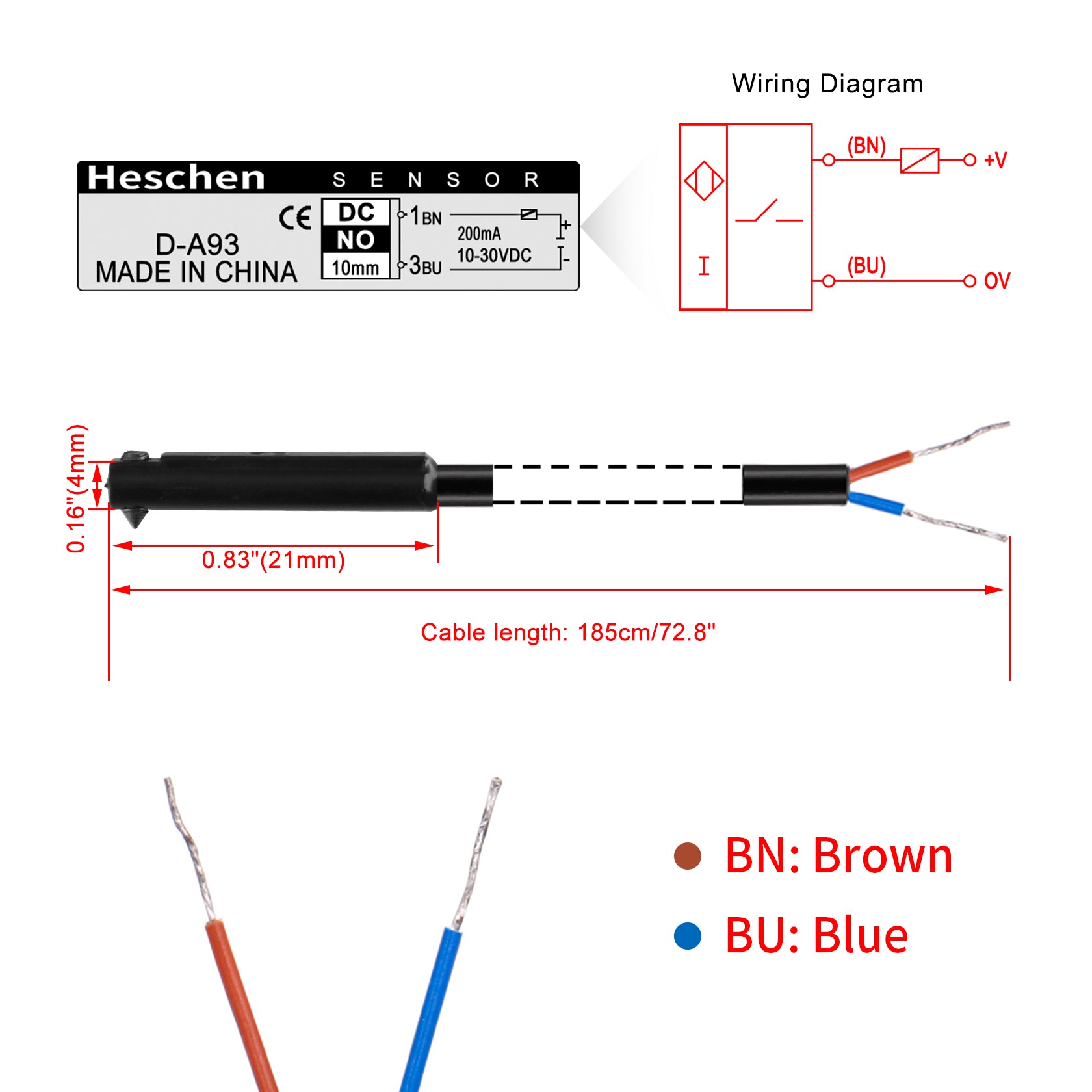 Heschen Magnetic Reed Sensor Switch D-A93 DC 10-30V 200mA Sensor 10mm NO(Normally Open) for Pneumatic Air Cylinder