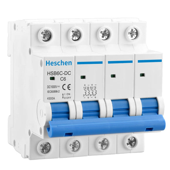 Heschen DC Miniature Circuit Breaker, HSB6C-DC, 4 Poles, DC1000V 6A/10A/16A/20A/25A/32A/40A/50A/63A/80A/100A/125A, Photovoltaic Circuit Breaker, for Solar PV System Solar Panels Grid System, 35mm DIN Rail Mounting