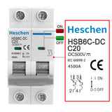 Heschen DC Miniature Circuit Breaker, HSB6C-DC, 2 Poles, DC500V C6A/10A/16A/20A/25A/32A/40A/50A/63A, Photovoltaic Circuit Breaker, for Solar PV System Solar Panels Grid System, 35mm DIN Rail Mounting