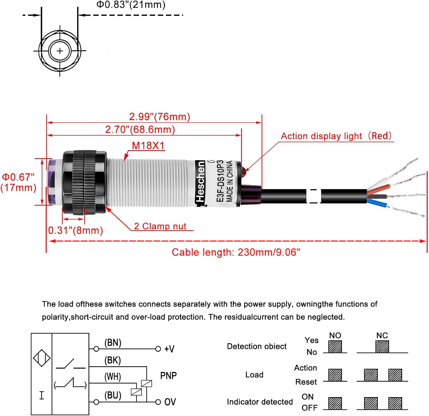 Heschen M18 Photoelectric Sensor Diffuse Reflection Sensor Switch E3F-DS10P3 PNP NO+NC DC10-30V 200mA Sensing Distance 10cm 4 Wires