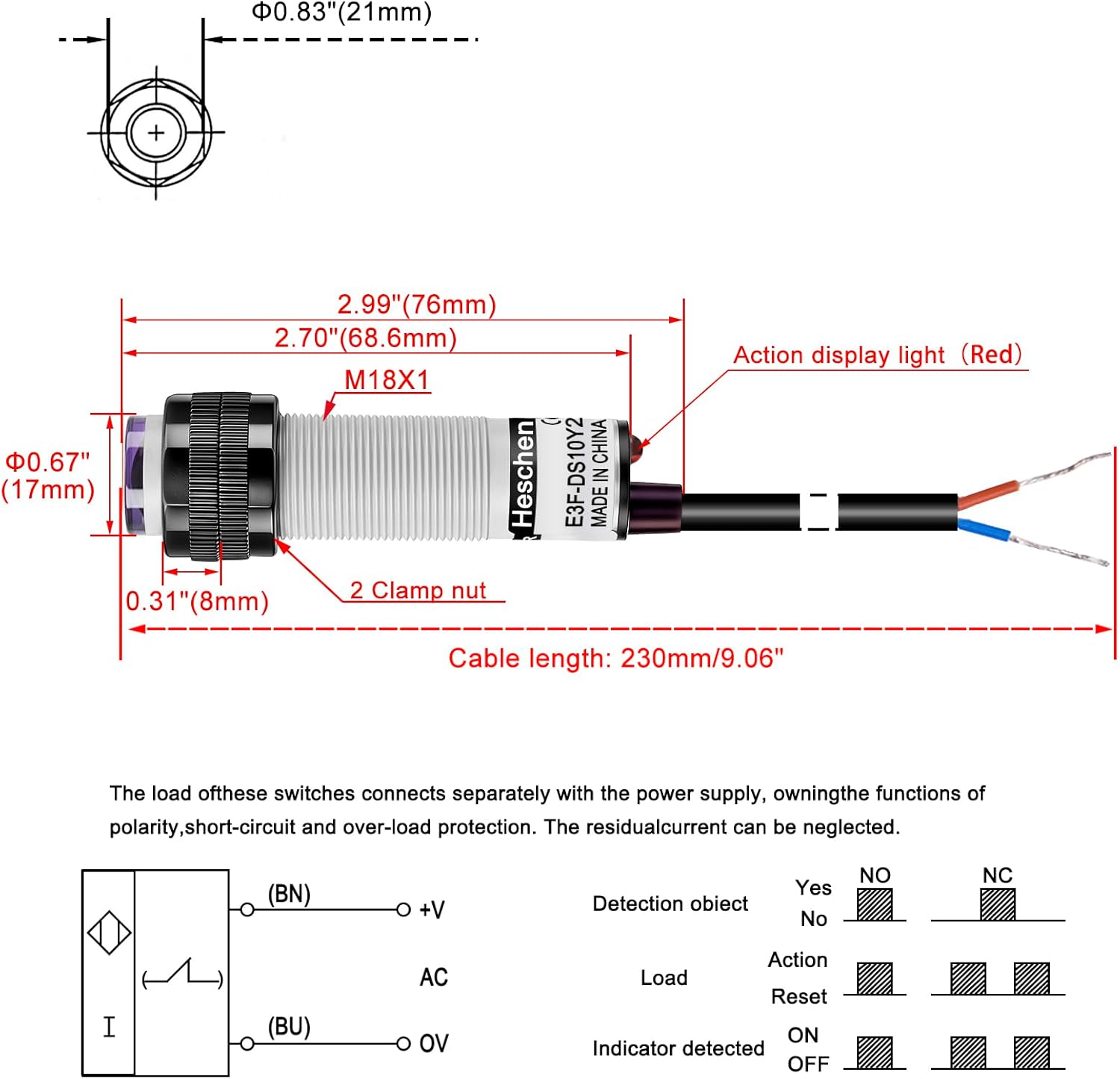 Heschen M18 Photoelectric Sensor Diffuse Reflection Sensor Switch E3F-DS10Y2 NC AC90-250V 400mA Sensing Distance 10cm 2 Wires