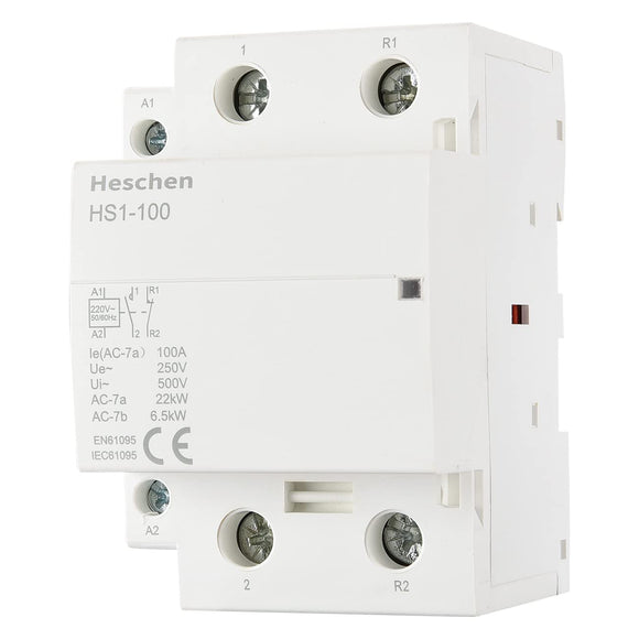 Heschen Household AC Contactor, HS1-100, Ie 100A, 2 Pole 1NO 1NC, AC 220/240V Coil Voltage, 35mm DIN Rail Mount