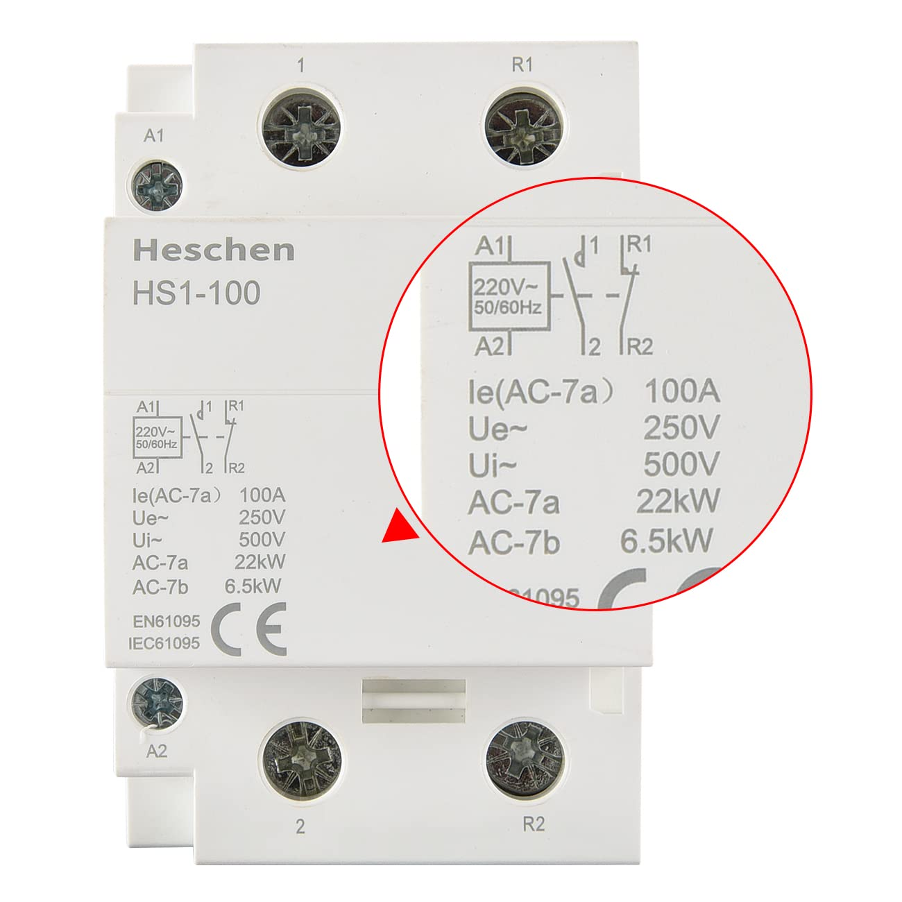 Heschen Household AC Contactor, HS1-100, Ie 100A, 2 Pole 1NO 1NC, AC 220/240V Coil Voltage, 35mm DIN Rail Mount
