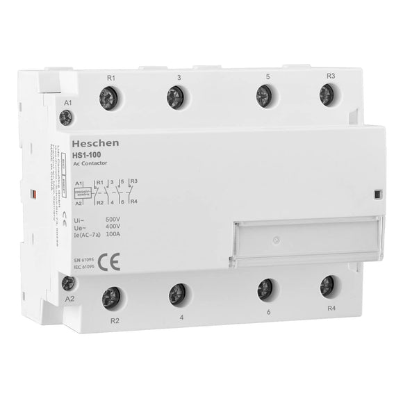 Heschen Household AC Contactor, HS1-100, Ie 100A, 4 Pole 2NO 2NC, AC 220V Coil Voltage, 35mm DIN Rail Mount