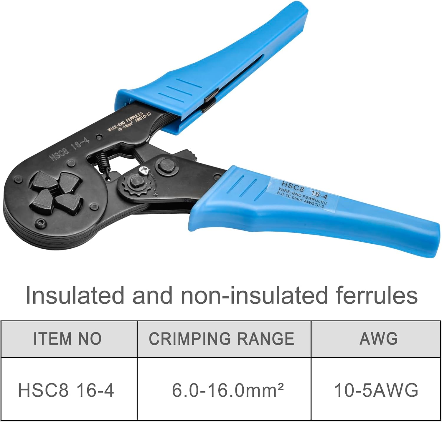 Heschen Crimper Plier, HSC8 16-4, Mini Self-Adjustable Crimping Tool, Use for 6.0-16.0 mm² (10-5 AWG) Cable End-Sleeves, Blue