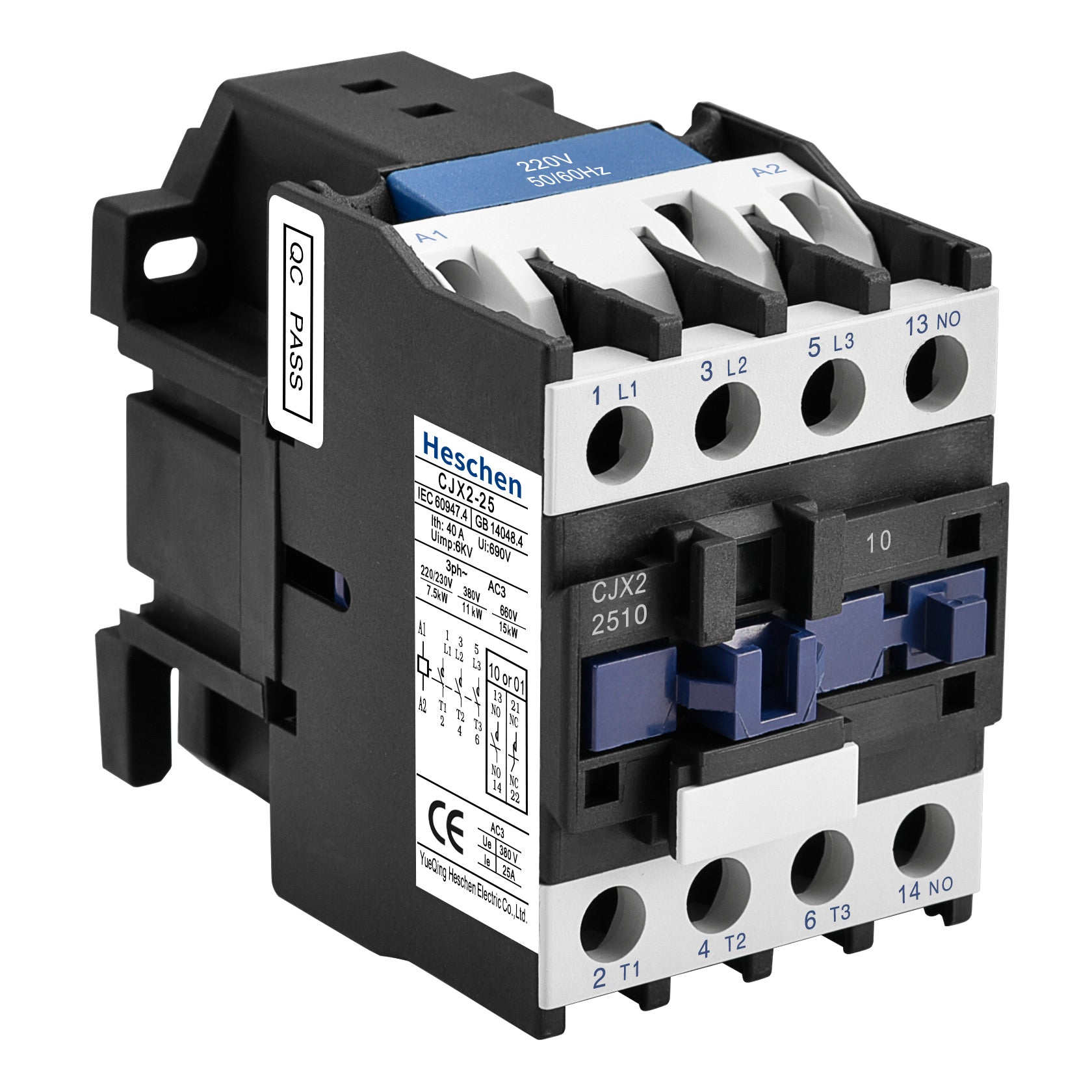 Heschen AC Contactor CJX2-2510 220-240V 50/60Hz Coil 3P 3 Pole Normally Open Ie 25A Ue 380V
