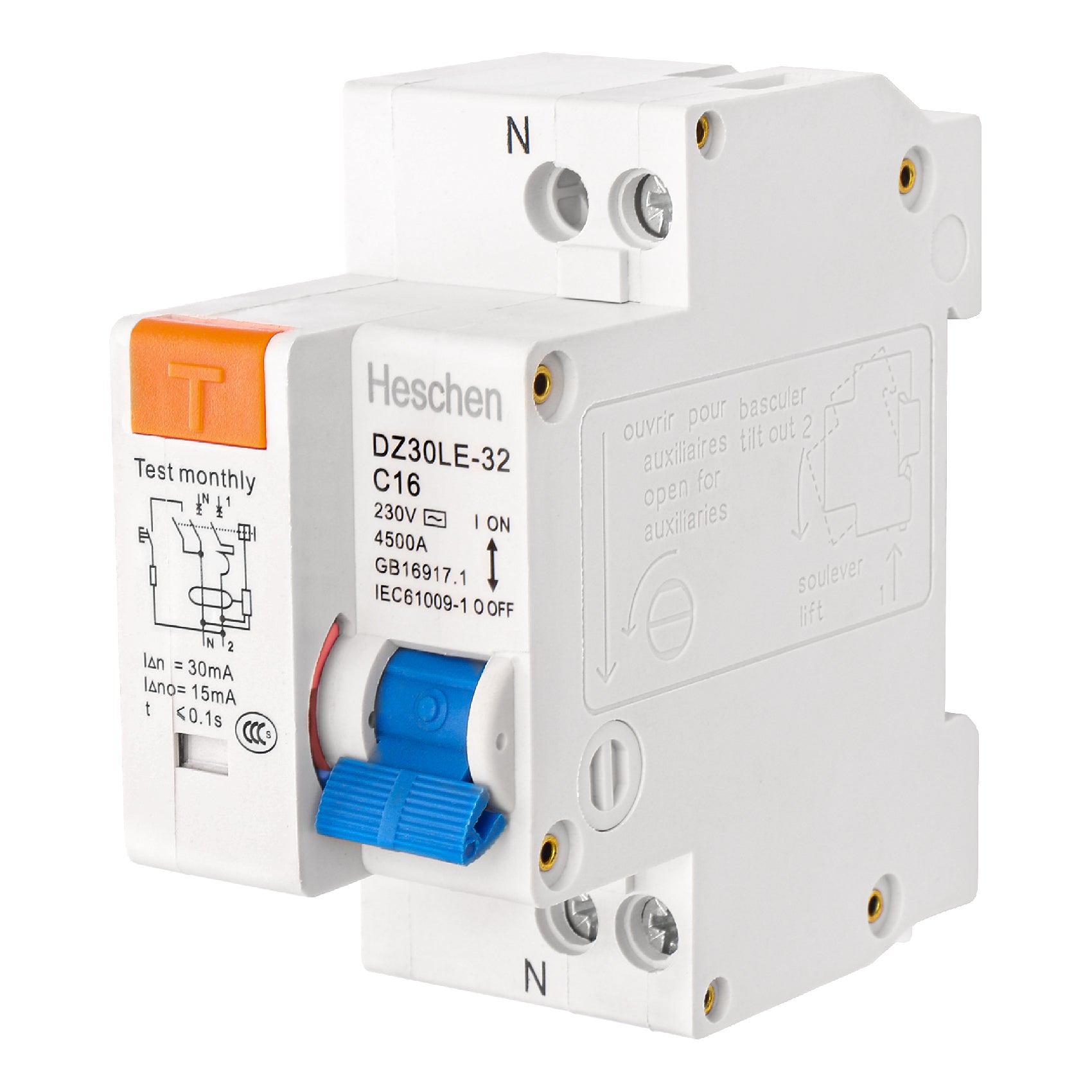 Heschen ELCB Circuit Breaker DZ30LE-32 C16 1 Pole Normally Open 230V AC Coil Voltage 16A 35 mm DIN Rail Mount