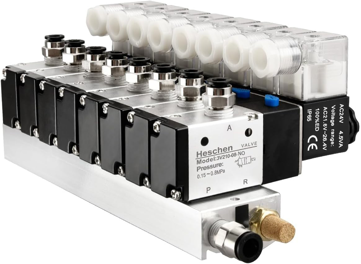 Heschen 8 Space Pneumatic Solenoid Valve 3V210-08-NO  AC12V/DC12V/DC24V/AC110V/220VAC PT 1/4 2 Position 3 Way Manifold with Base Muffler Quick Fittings Set