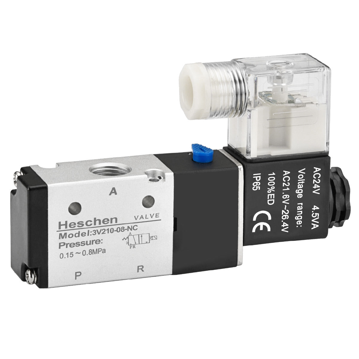 Heschen Electrical Pneumatic Solenoid Valve, 3V210-08-NC, 24VAC PT1/4'', 2 Position 3 Way, Normally Closed Type, Single Coil Pilot-Operated Electric CE