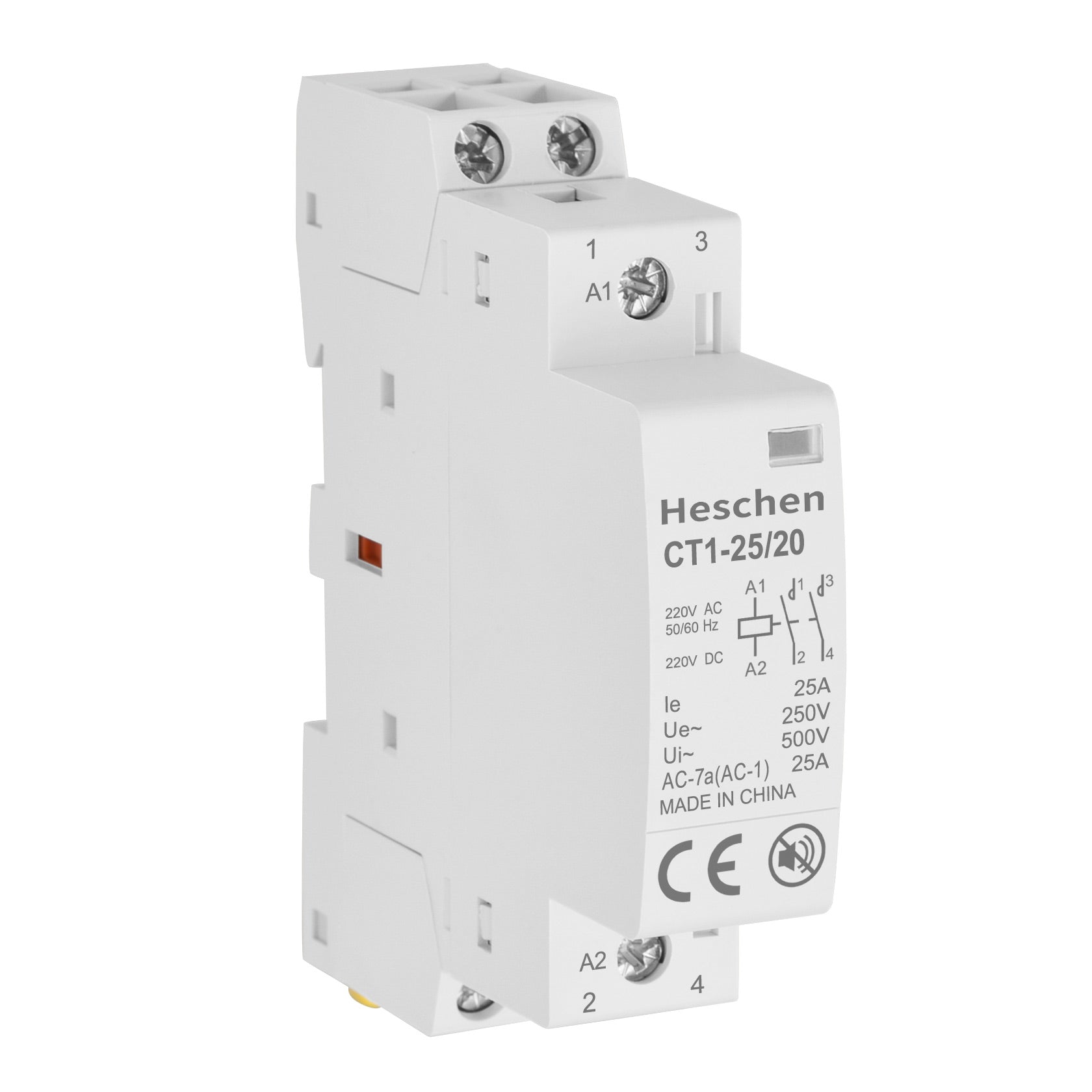 Heschen Modular Household AC Contactor, CT1-25/20, 25A, AC/DC 220V Coil, 2 Pole, 2NO, Two Normally Open, 35mm DIN Rail Mounting, For Circuit Control