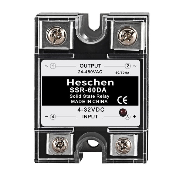 Heschen Single Phase AC/DC Solid State Relay SSR-60DA 3-32 VDC/480VAC 60A 50-60Hz