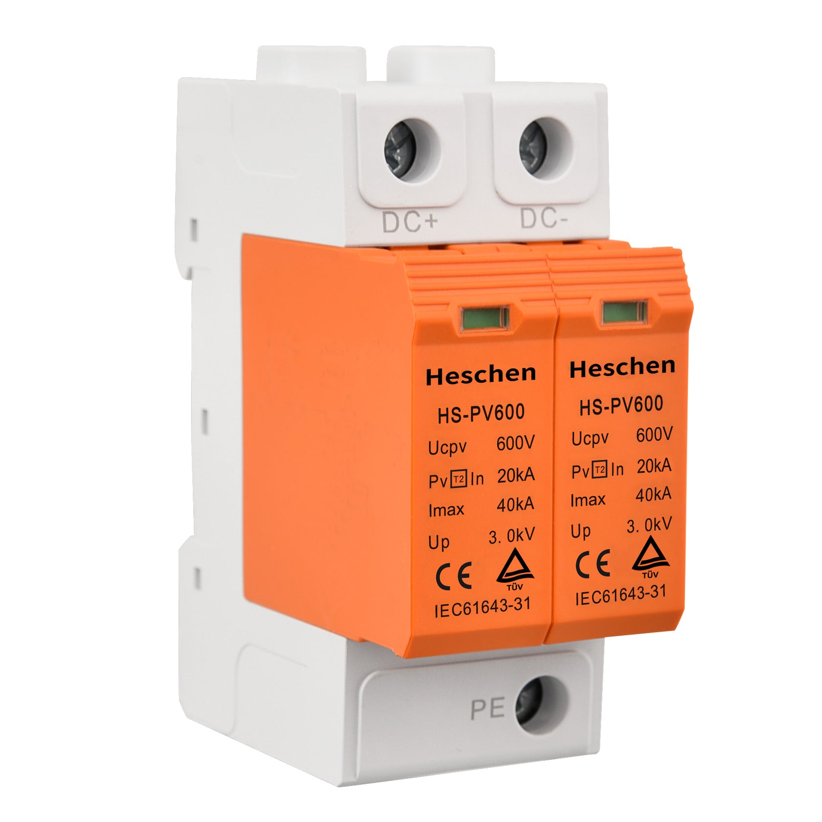 Heschen Surge Protective Device for PV, HS-PV600, 2P 600VDC 20KA, Fire-Proof, 35mm DIN Rail Mounting