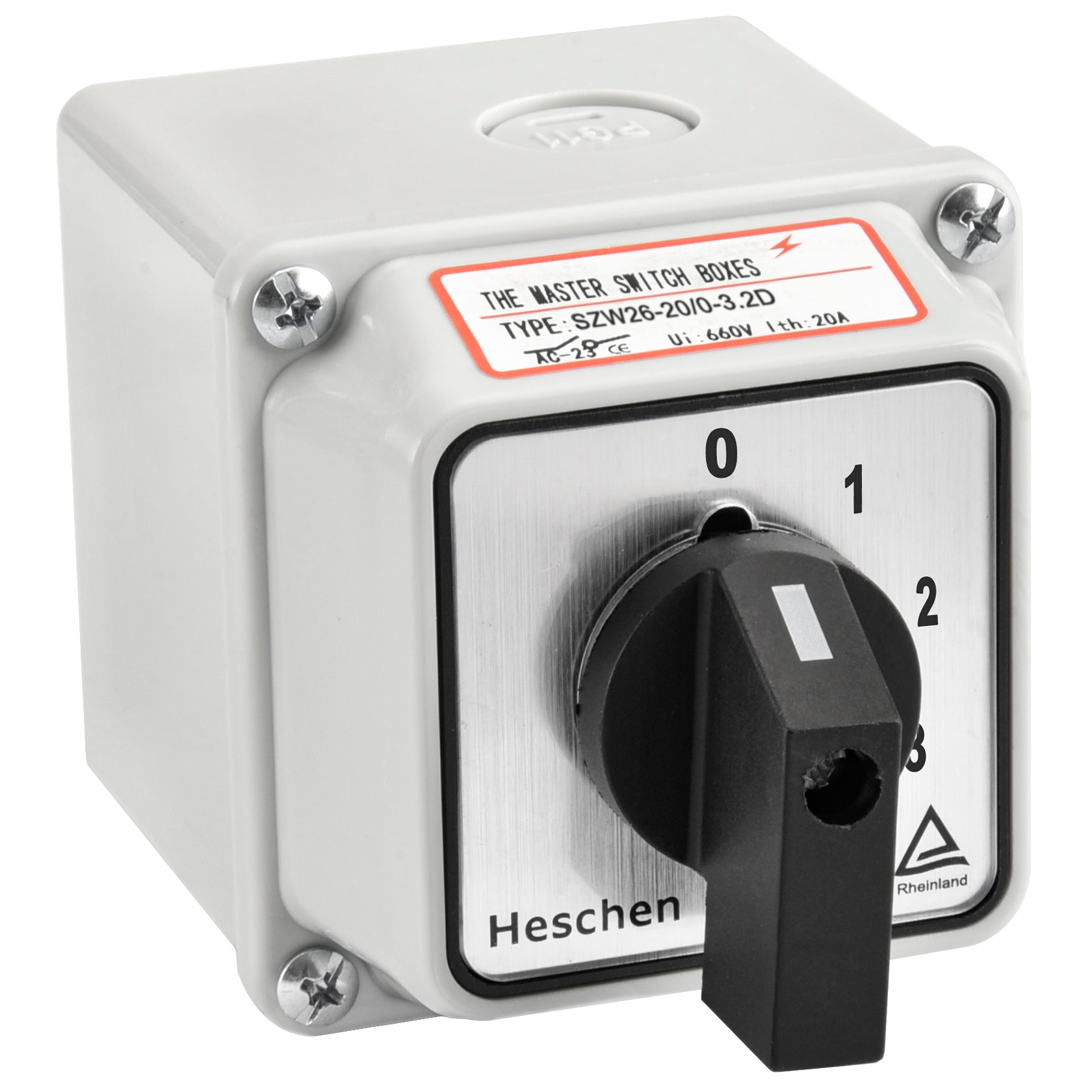 Heschen Universal Latching Rotary Cam Selector Changeover Switch,SZW26-20/0-3.2D, 660V 20A, ON-OFF 4 Positions 8 Terminals, With Box,For Switching And Breaking Circuits, CE,TUV