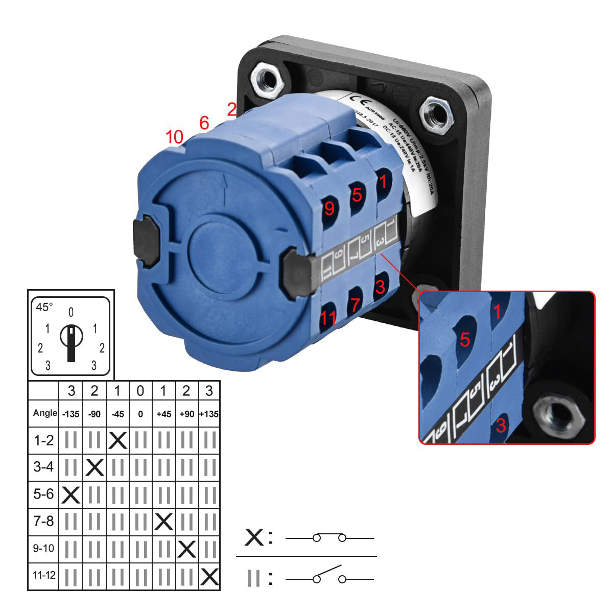 Heschen Universal Rotary Cam Selector Changeover Switch SZW26-20/ZC.FF.3 660V 20A 7 Position 3 Phase 12 Terminals CE