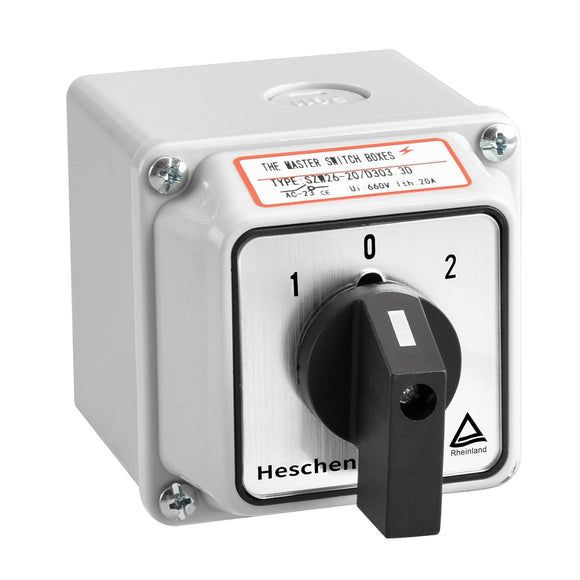 Heschen Universal Rotary Cam Selector Changer Switch, SZW26-20/D303.3D, 660V 20A, 3 Position, 3 Phase 12 Terminals, CE, with Master Switch Outer Box LW28-20/4