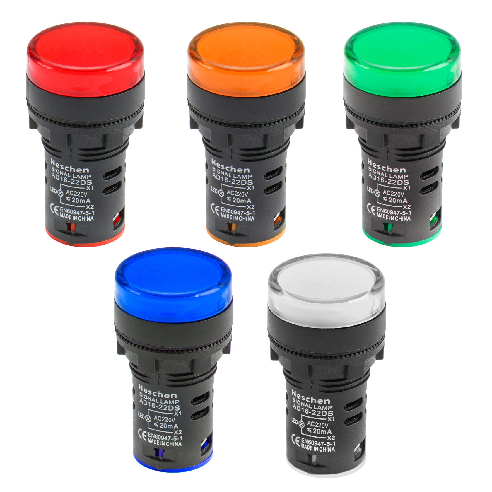 Heschen 5-Pack LED Indicator Light Pilot Signal Lamp AD16-22DS DC 12V/24V AC 110V/220V 20mA per color- Red/Green/Blue/Yellow/White