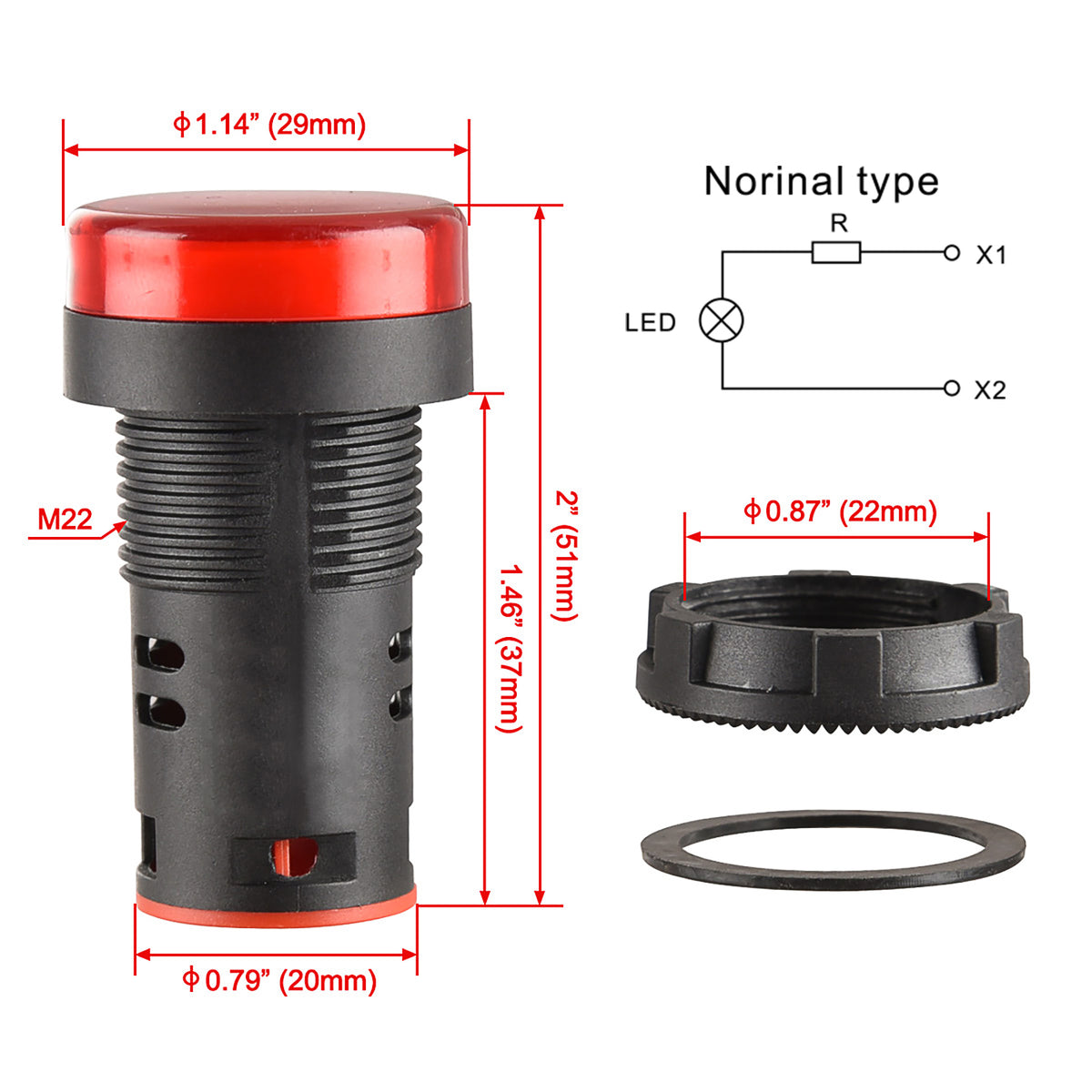 Heschen LED Indicator Pilot Light 22mm AD16-22DS DC 12V/24V AC 110V/220V 20mA Energy Saving Red Pack of 5