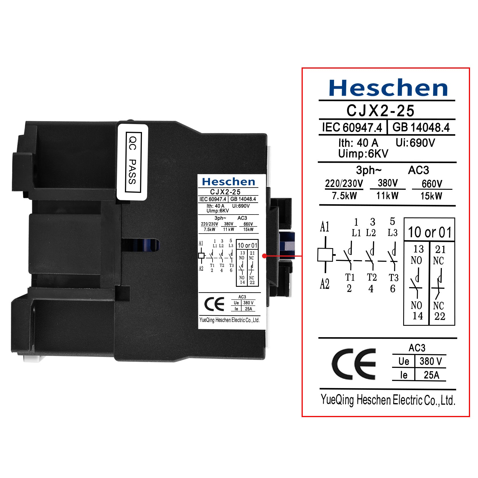 Heschen AC Contactor CJX2-2510 220-240V 50/60Hz Coil 3P 3 Pole Normally Open Ie 25A Ue 380V