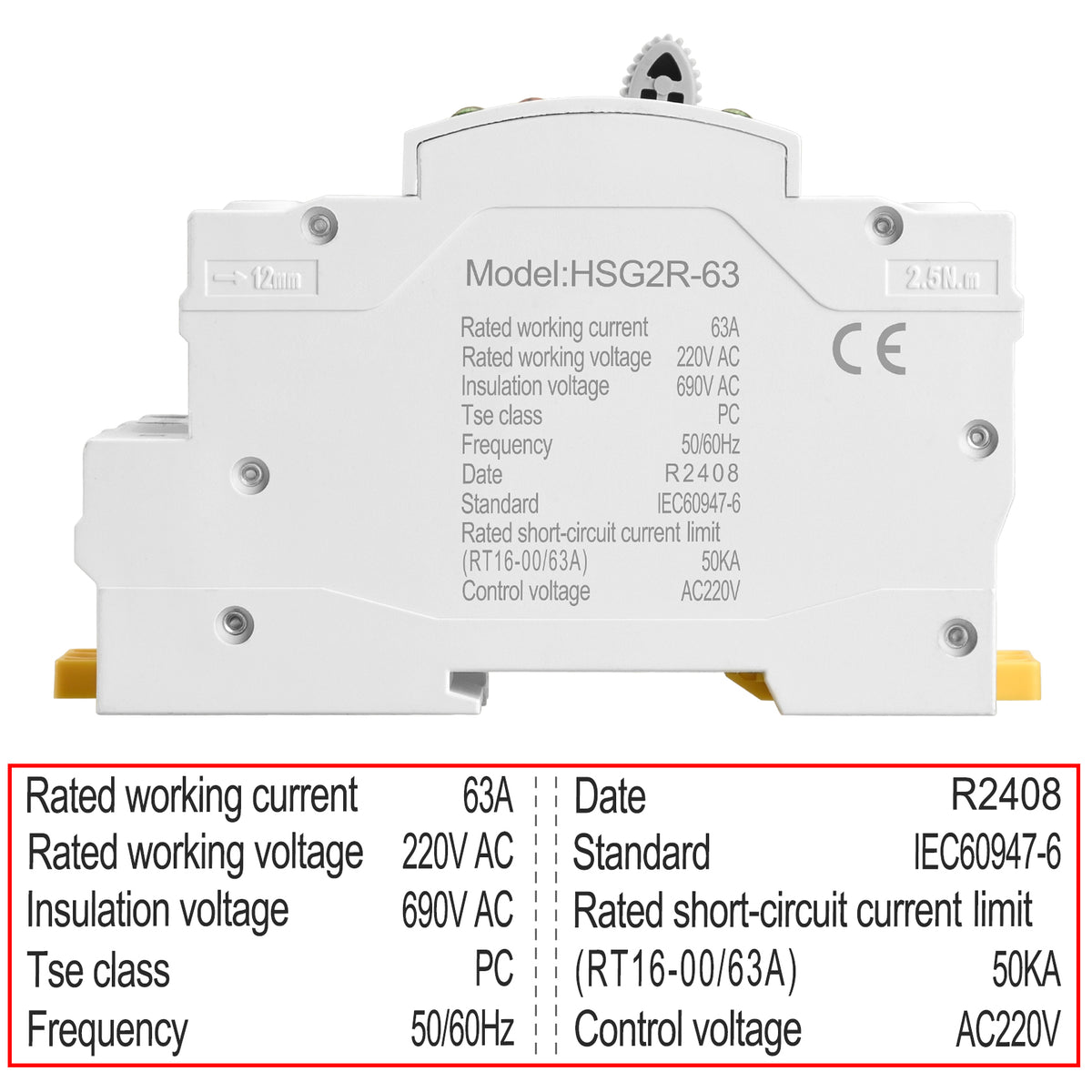 Heschen ATS Dual Power Automatic Transfer Switch, HSG2R-63, 2P, 63A 22