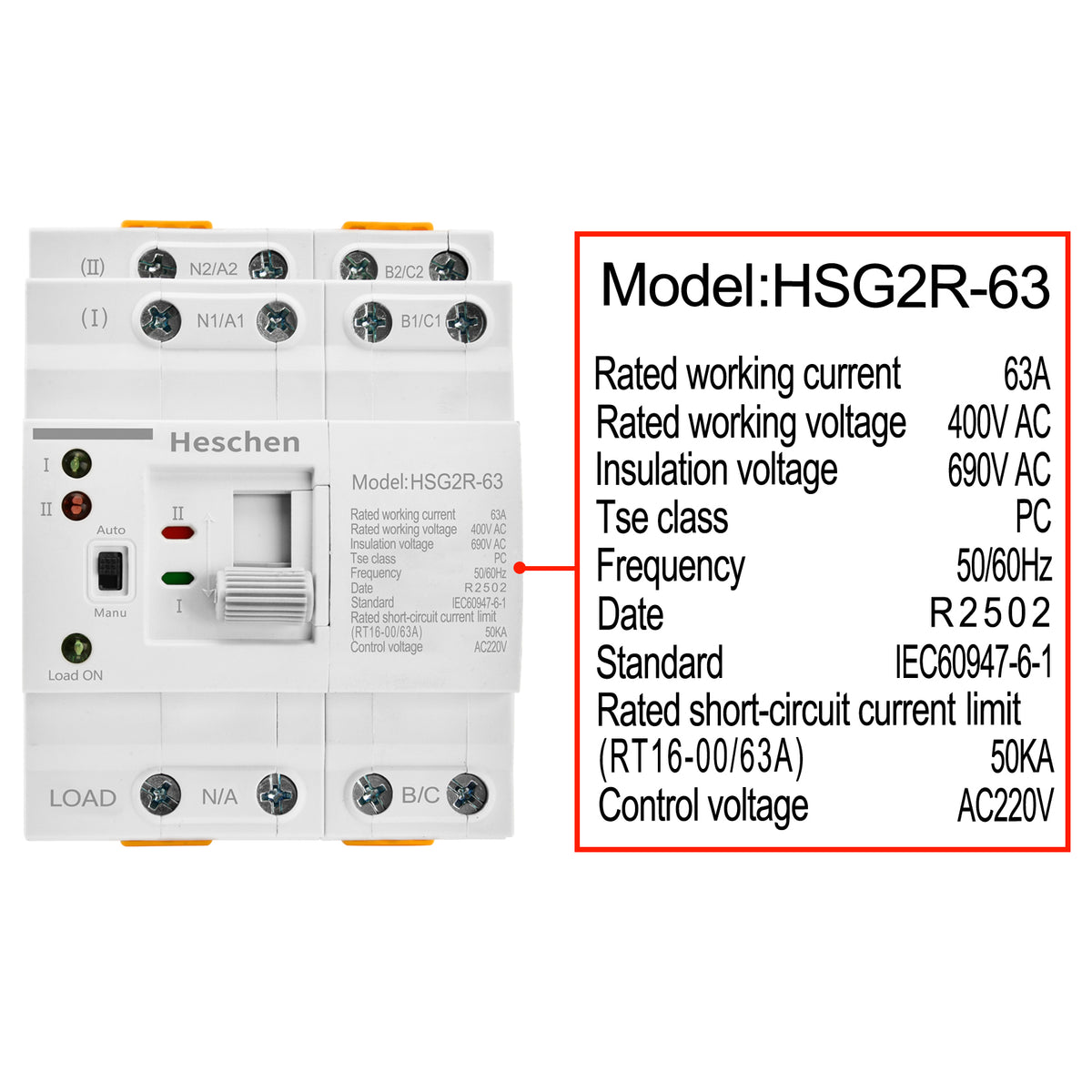 Heschen ATS Dual Power Automatic Transfer Switch, HSG2R-63, 4P, 63A 40