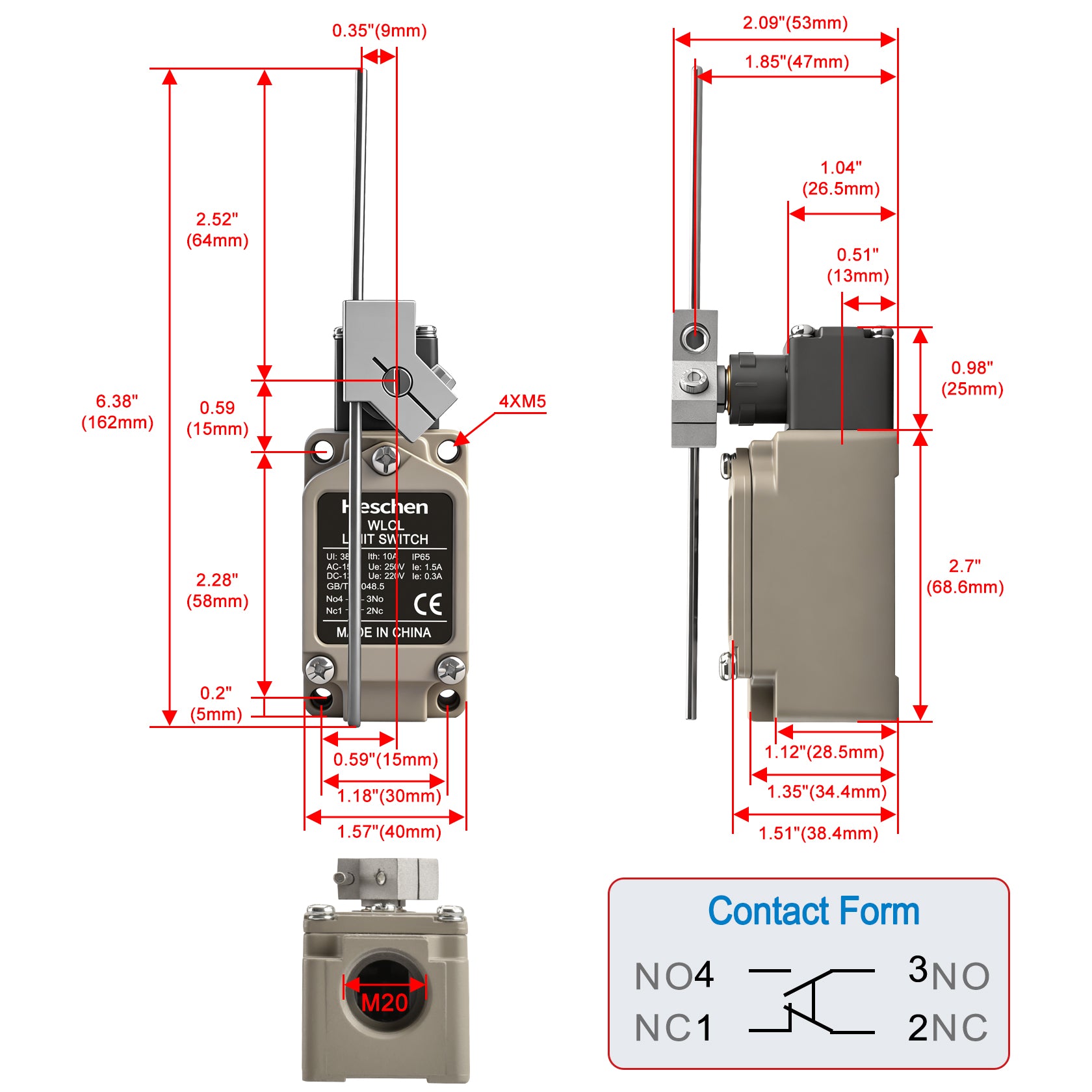 Heschen Limit Switch WLCL (TZ-5170) Adjustable Rod Lever Momentary 380