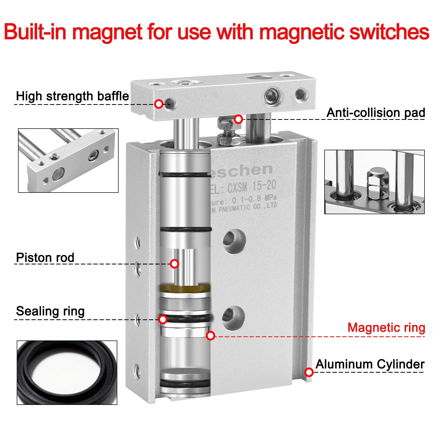 Heschen Compact Aluminum Air Cylinder CXSM 15-20 Guide Rod Plate Double Rod Guided Pneumatic Slide Bearing Cushioned