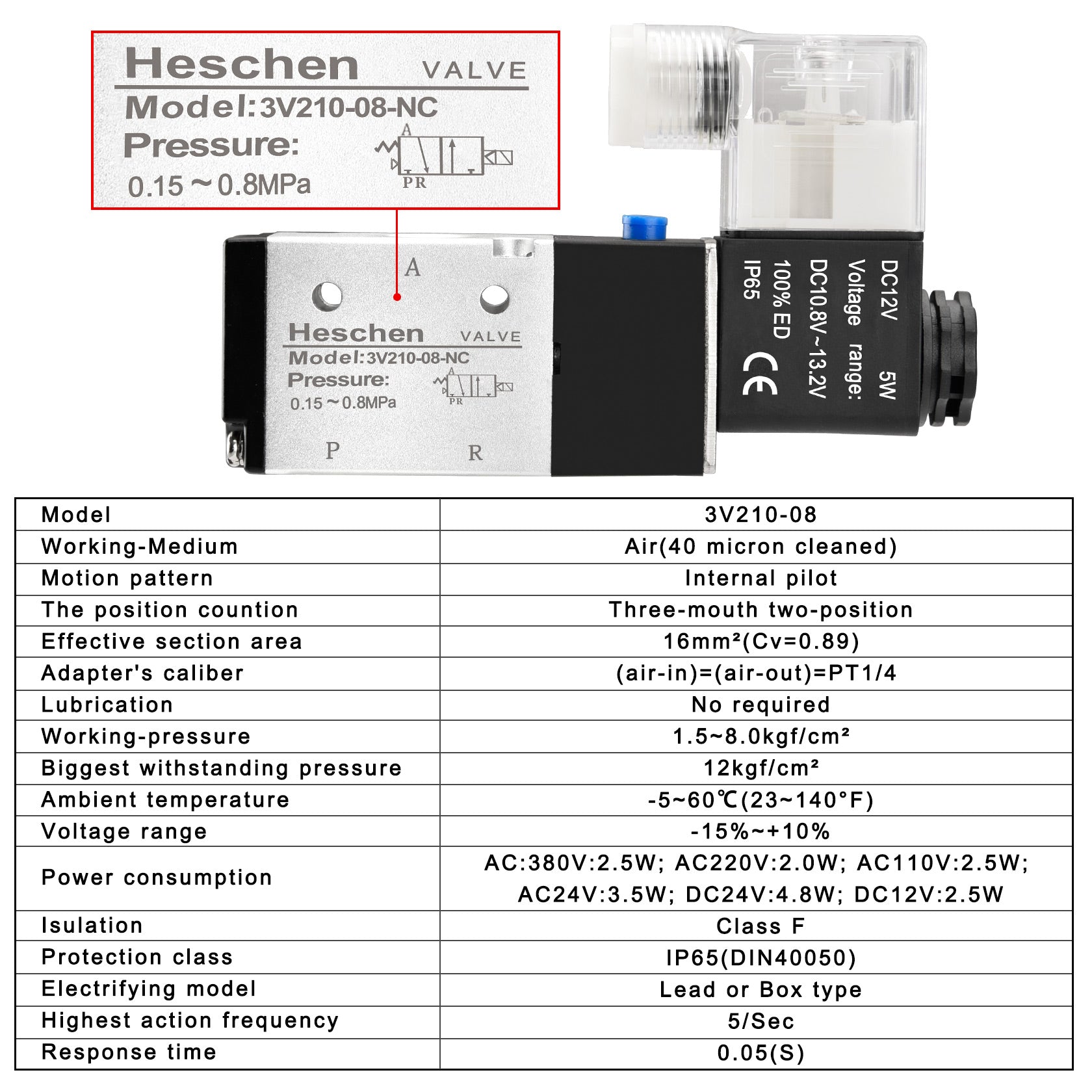 Électrovanne Pneumatique Heschen 3V210-08 DC12V PT1/4 - 3/2 Voies Pilotée Interne Avec Raccords Rapides
