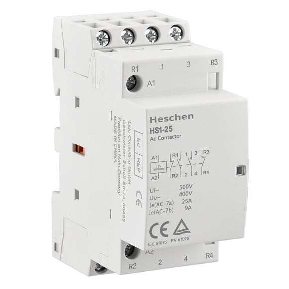 Household AC Contactor HS1-25 Ie 25A 4 Pole 2NO 2NC 12V Coil Voltage 35 mm DIN Rail Mount