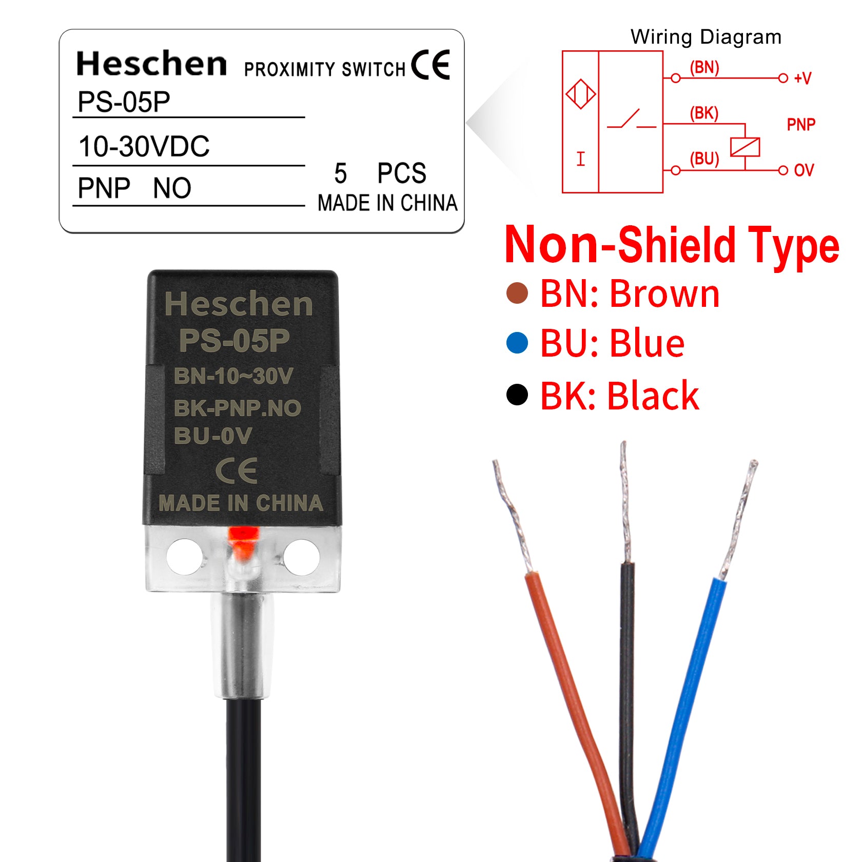 Heschen Inductive Proximity Switch PS-05P, 10-30V 200mA, PNP NO, Sensor Distance 5mm, CE