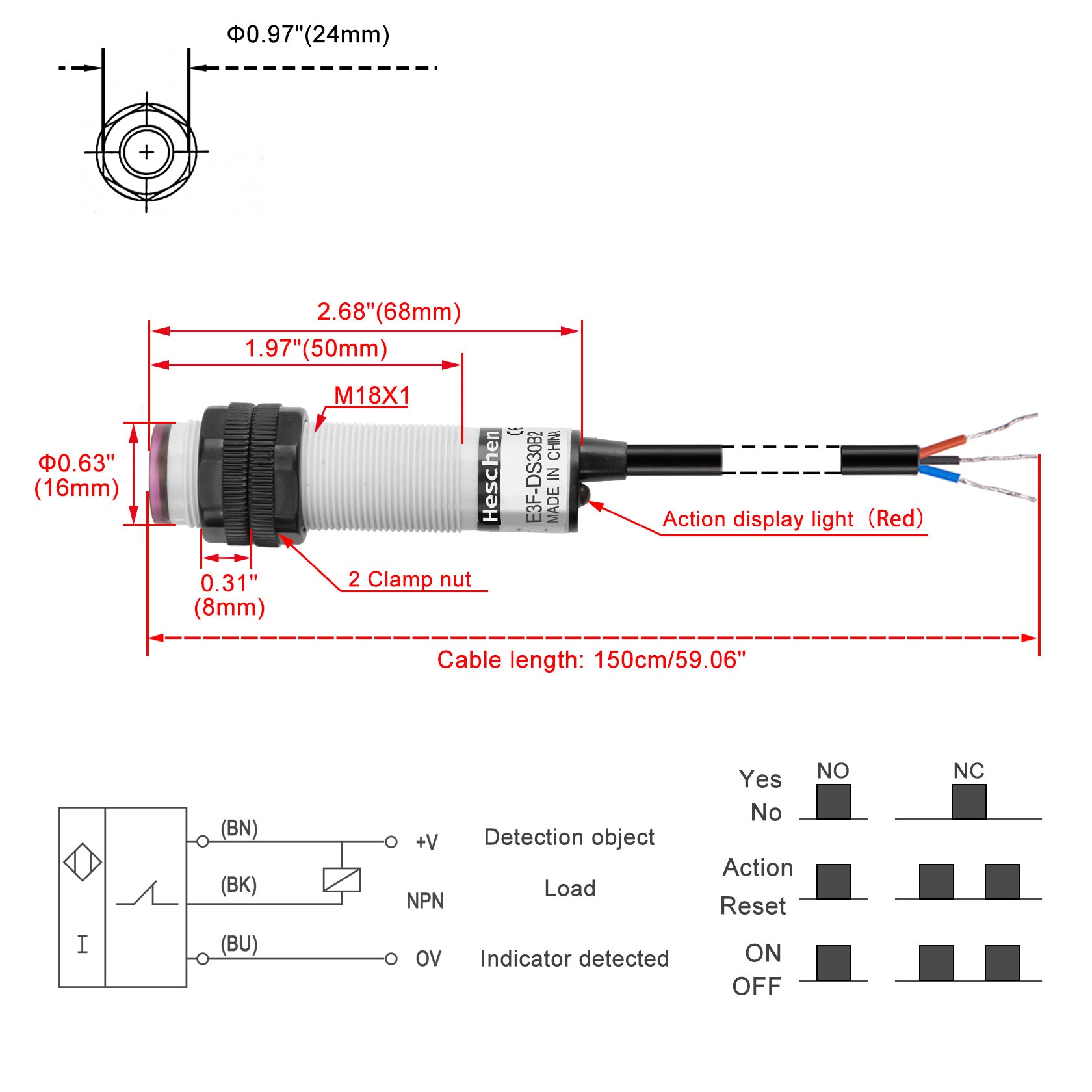 Heschen M18 Photoelectric Sensor Diffuse Reflection Sensor Switch E3F-DS30B2 NPN NC DC10-30V 200mA Sensing Distance 30cm 3 Wires