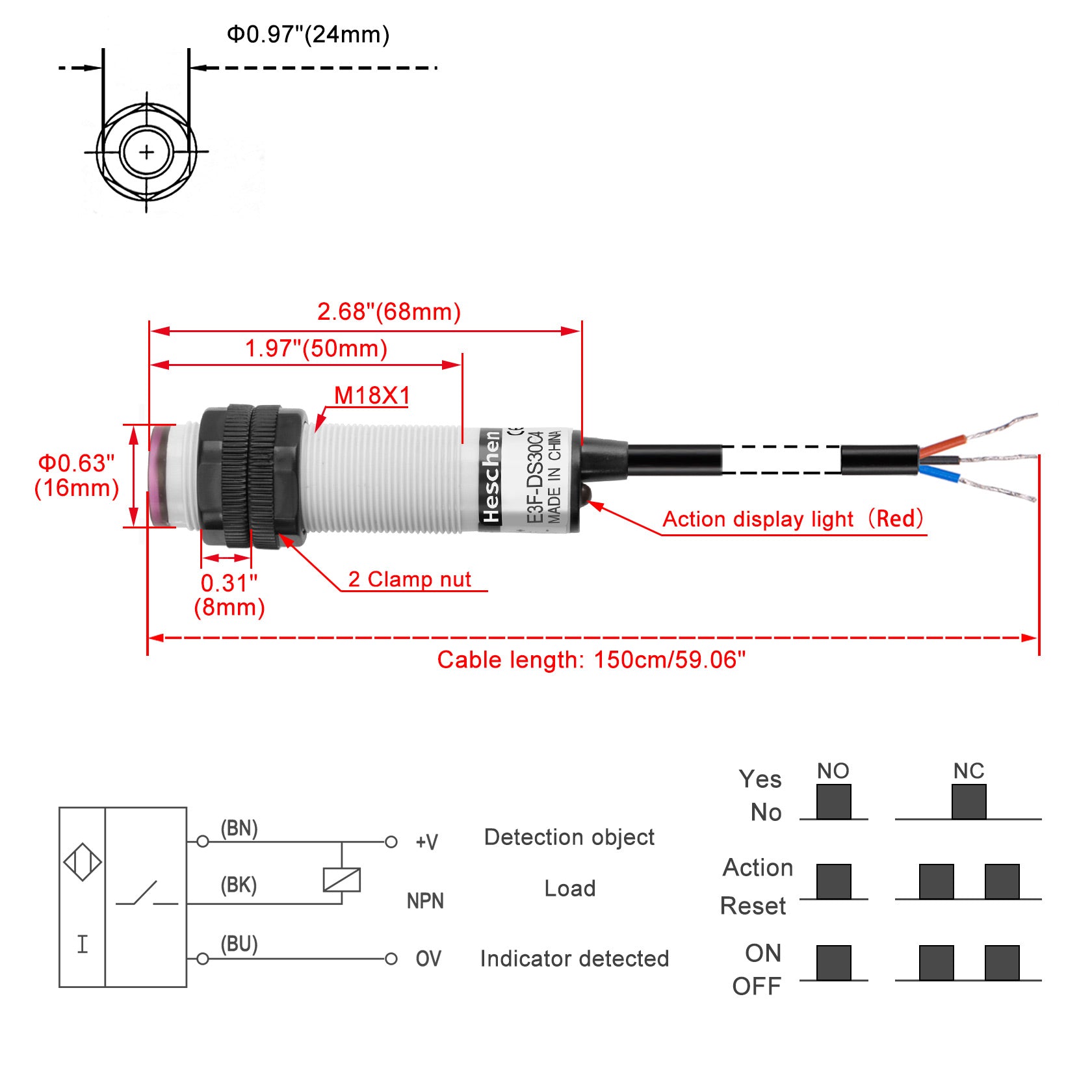 Heschen M18 Photoelectric Sensor Diffuse Reflection Sensor Switch E3F-DS30C4 NPN NO DC10-30V 200mA Sensing Distance 30cm 3 Wires