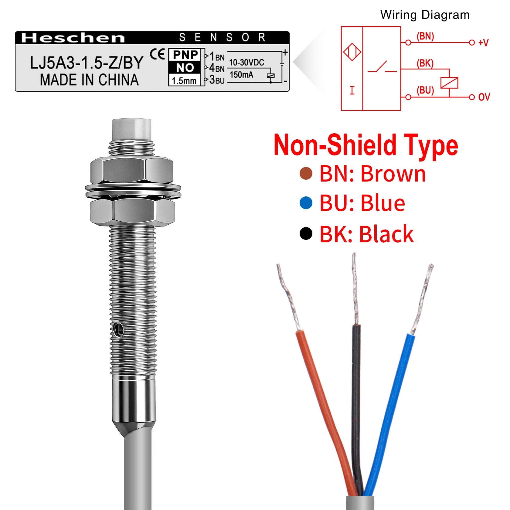 Heschen M5 Inductive Proximity Sensor Switch Non-Shield Type LJ5A3-1.5-Z/BY Detector 1.5mm 10-30VDC 150mA PNP Normally Open(NO) 3 Wire